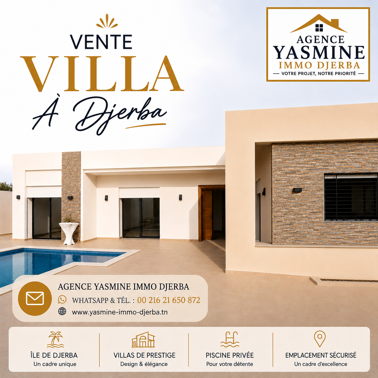 Djerba - Midoun&nbsp;Midoun&nbsp;Vente&nbsp;Maisons&nbsp;Villa non meubl�e avec piscine trik el 7alkoum