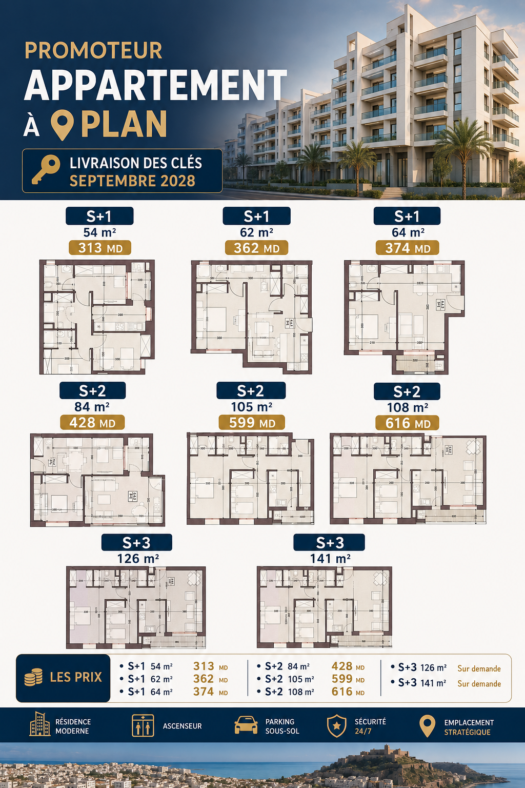 Ain Zaghouan&nbsp;Jardins de Carthage&nbsp;Vente&nbsp;Appart. 3 pi�ces&nbsp;Des appartements sur plan aux jardins de carthage