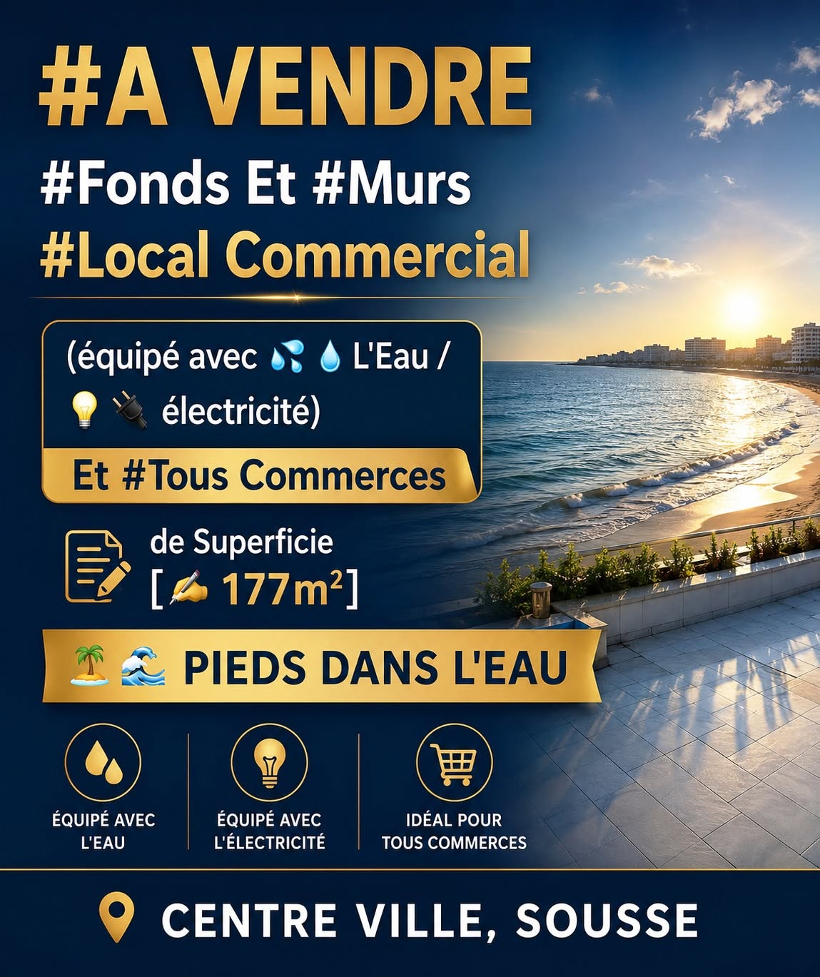 Sousse Ville&nbsp;Sousse&nbsp;Bureaux & Commerces&nbsp;Surfaces&nbsp;Fonds et murs local commercial centre ville sousse