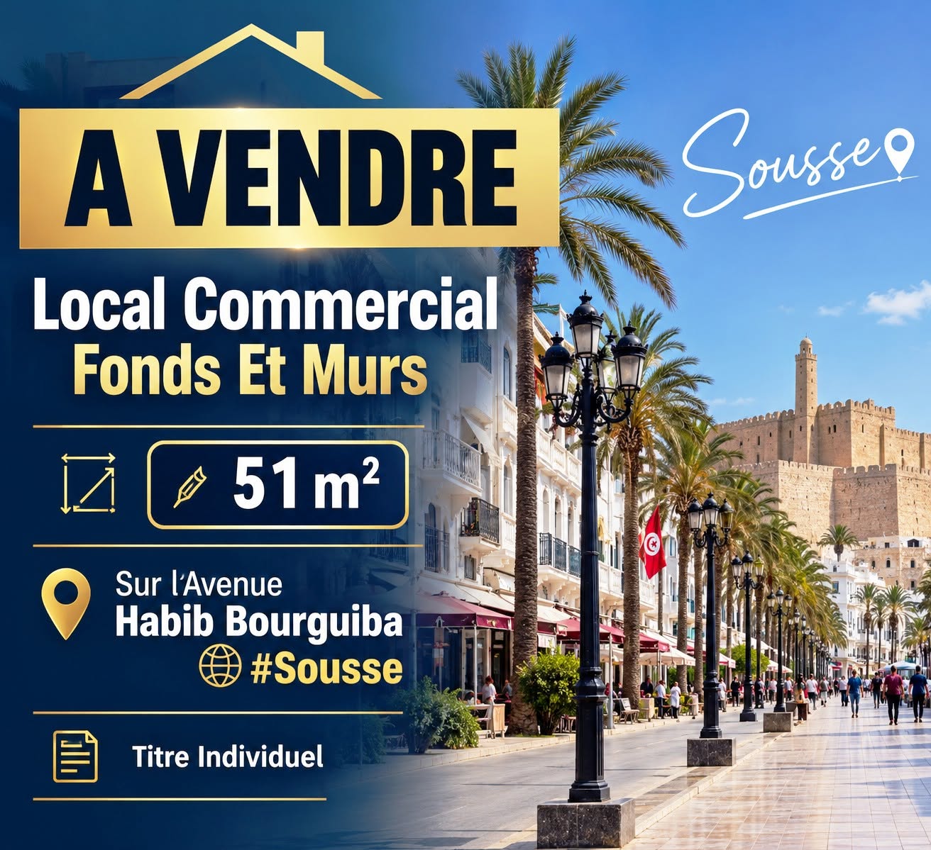 Sousse Ville&nbsp;Sousse&nbsp;Bureaux & Commerces&nbsp;Surfaces&nbsp;Local commercial sur avenue habib bourguiba sousse