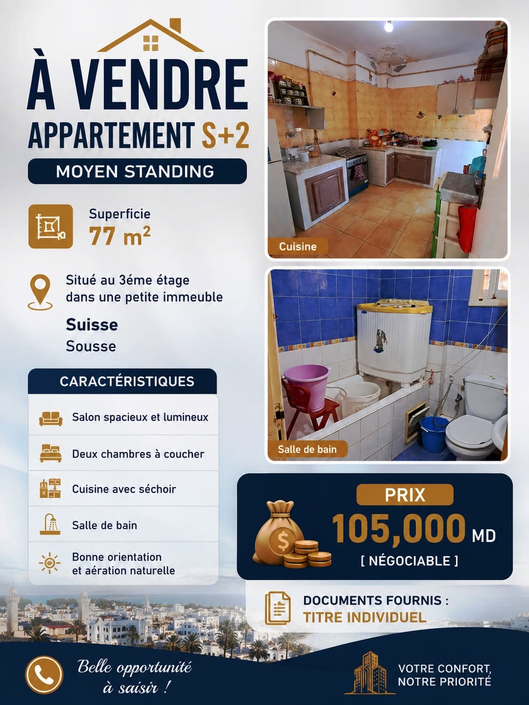 Sousse Ville&nbsp;Sousse&nbsp;Vente&nbsp;Appart. 3 pi�ces&nbsp;Appartement s2 moyen standing � suisse sousse