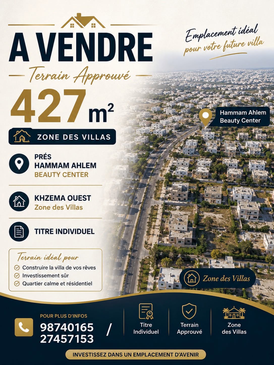 Sousse Jaouhara&nbsp;Khezama Ouest&nbsp;Terrain&nbsp;Terrain nu&nbsp;Terrain approuv� 427m zone des villas khzema ouest