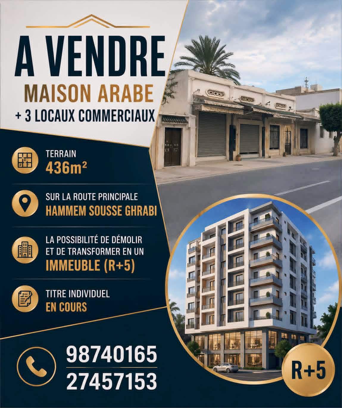 Hammam Sousse&nbsp;Hammam Sousse Gharbi&nbsp;Vente&nbsp;Maisons&nbsp;Maison arabe et 3locaux commercieaux hammem sousse