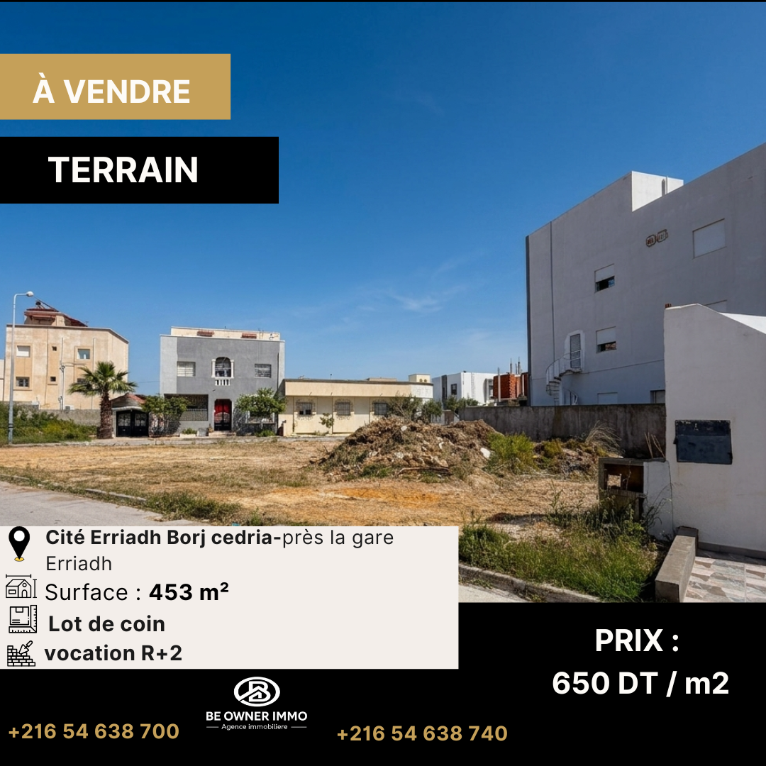 Hammam Chatt&nbsp;Borj Cedria&nbsp;Vente&nbsp;Autre&nbsp;Terrain de 453 m2 av