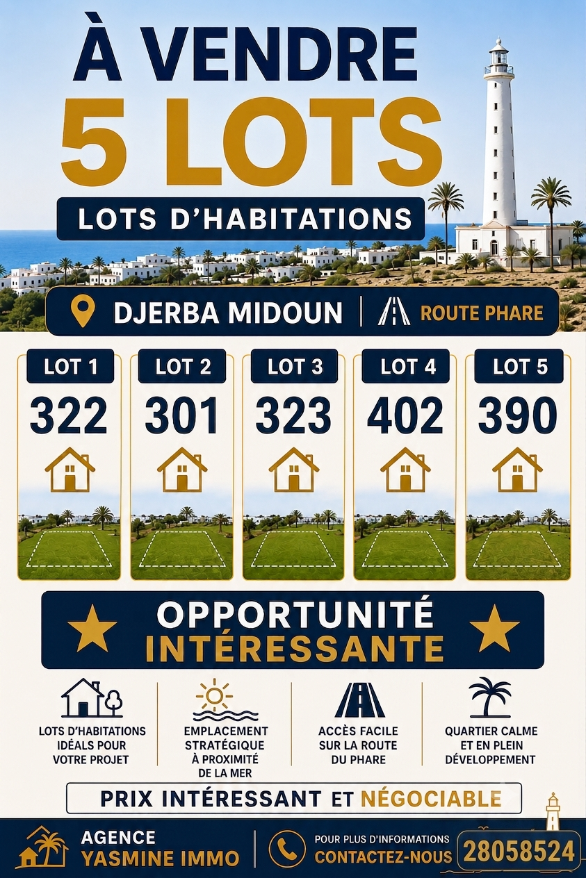 Djerba - Midoun&nbsp;Midoun&nbsp;Vente&nbsp;Surfaces&nbsp;5 lots d'habitations
