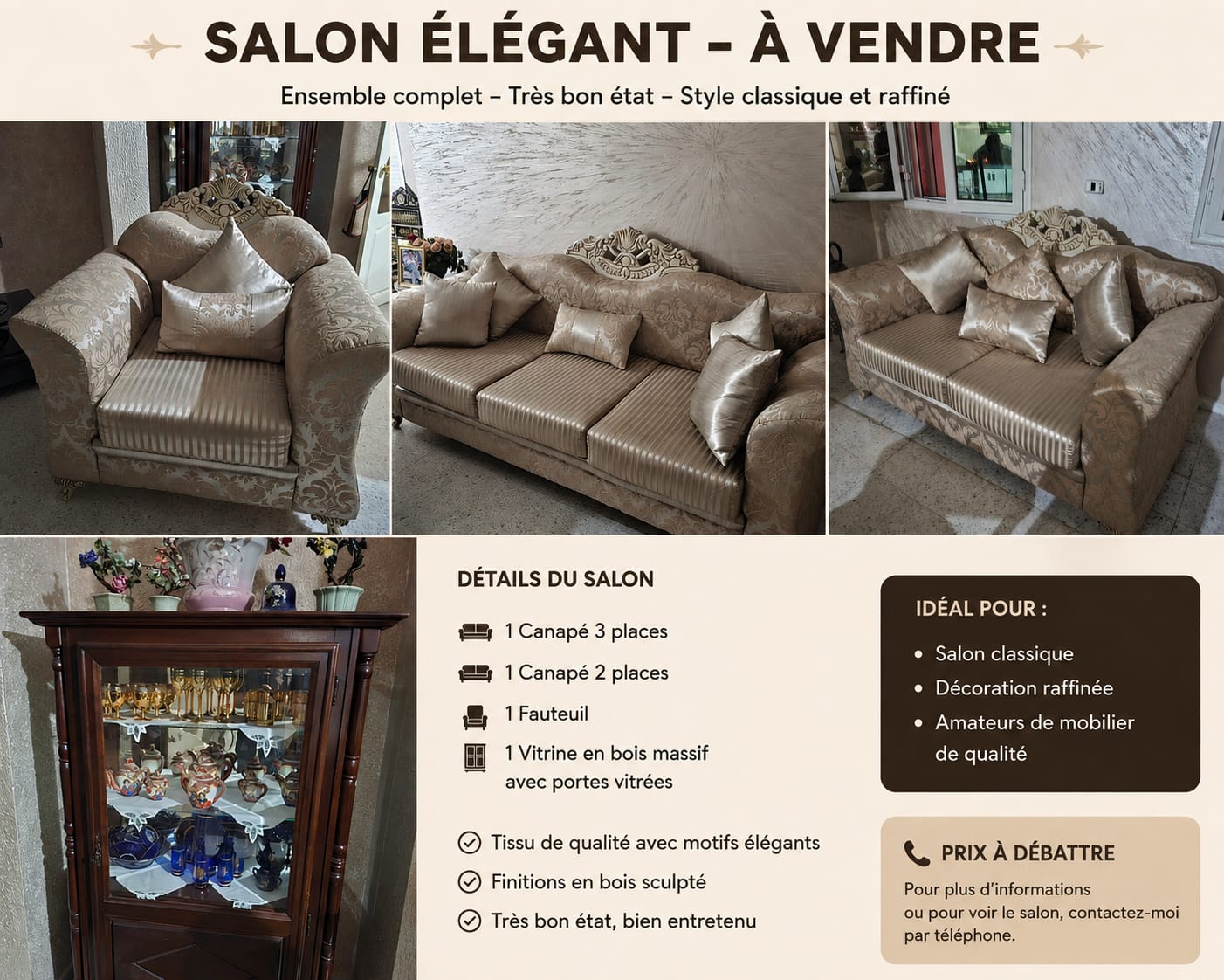 Bou Mhel El Bassatine&nbsp;Cite El Bassatine Ancien&nbsp;Salon - Salle � manger &nbsp;Salons&nbsp;Ensemble salon salle a manger bois massif