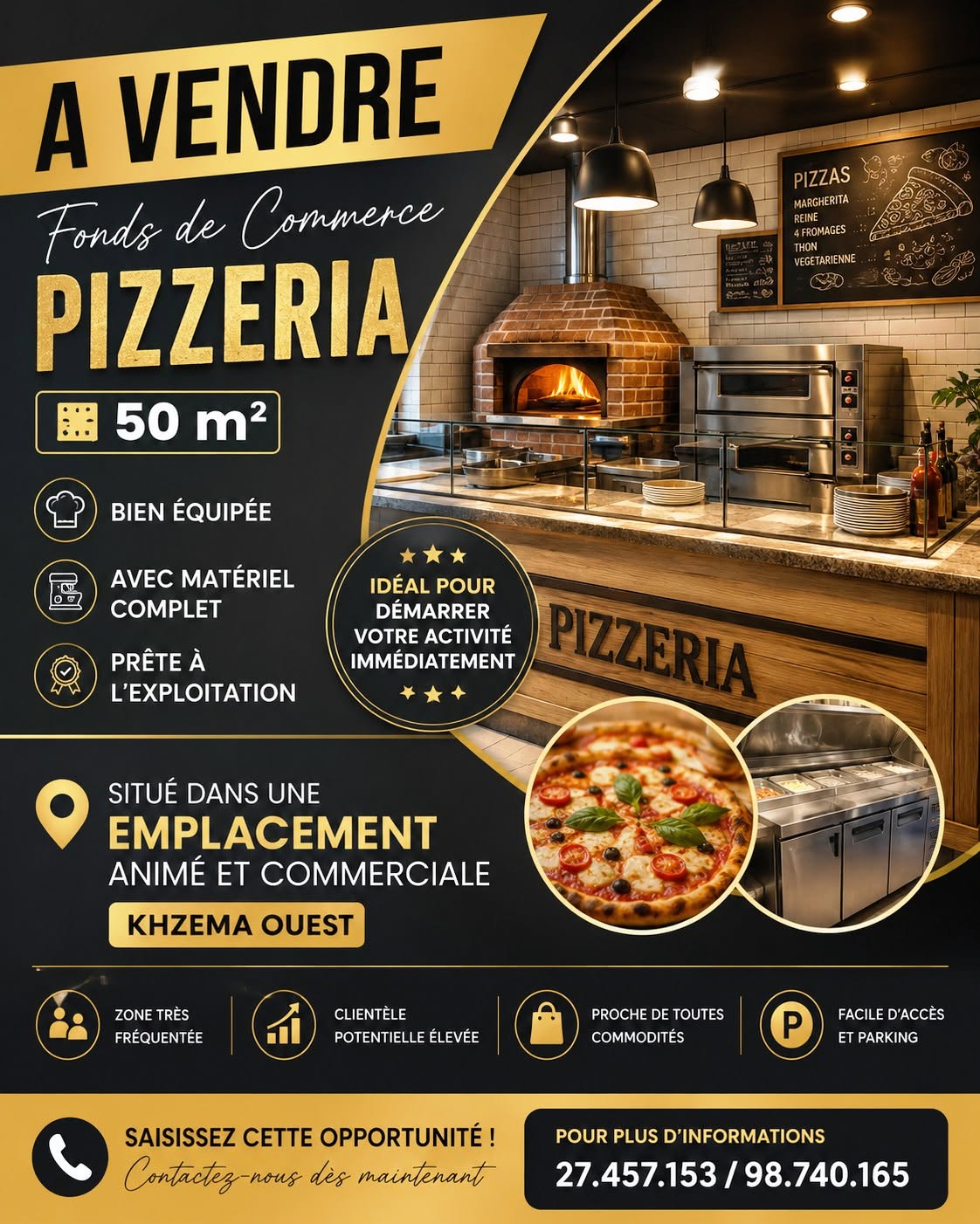 Sousse Jaouhara&nbsp;Khezama Ouest&nbsp;Bureaux & Commerces&nbsp;Fond de Commerce&nbsp;Pizzeria quip� avec mat�riel 50m � khzema ouest