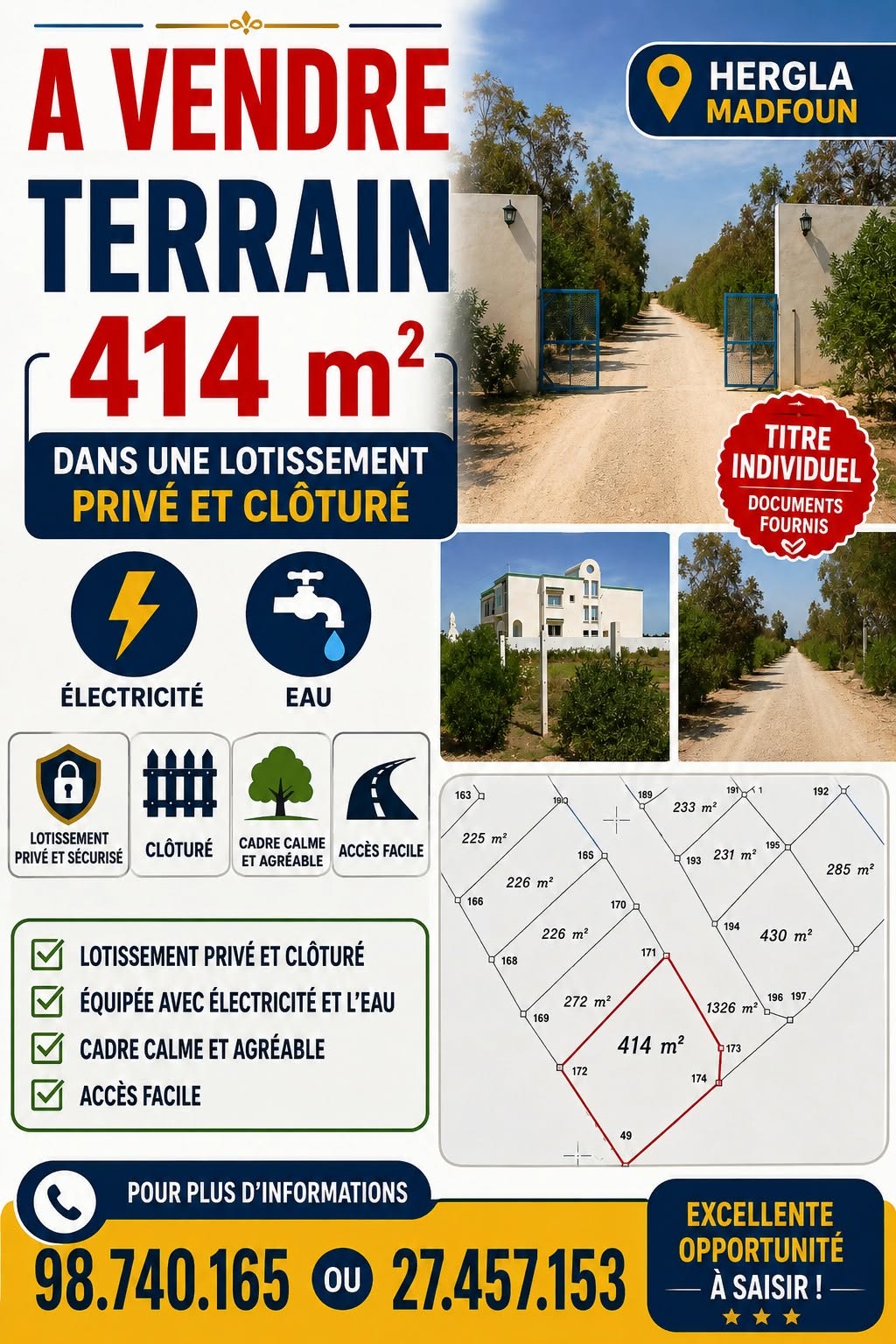Hergla&nbsp;Hergla&nbsp;Terrain&nbsp;Terrain agricole&nbsp;Terrain 414m dans une lotissement priv� hergla