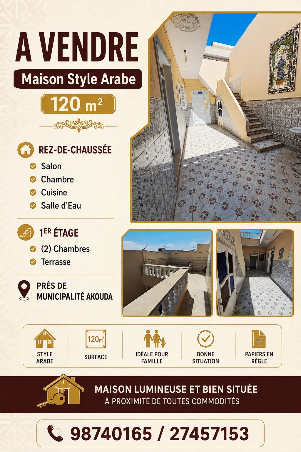 Akouda&nbsp;Akouda&nbsp;Vente&nbsp;Maisons&nbsp;Maison style arabe pr�s de municipalit� akouda