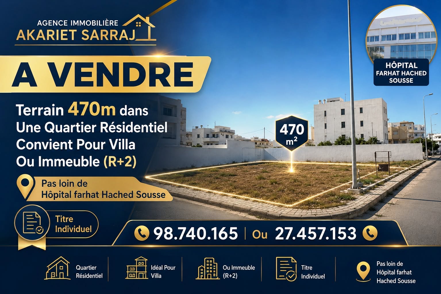 Sousse Ville&nbsp;Cite Jaouhara&nbsp;Terrain&nbsp;Terrain nu&nbsp;Lot 470m pas loin de h�pital farhat hached sousse