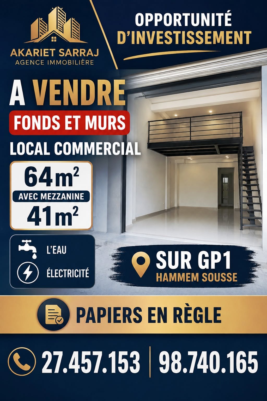 Hammam Sousse&nbsp;Hammam Sousse&nbsp;Bureaux & Commerces&nbsp;Surfaces&nbsp;Fonds et murs local commercial � gp1 hammem sousse