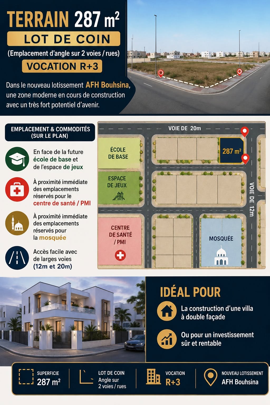 Sousse Ville&nbsp;Cite Jaouhara&nbsp;Terrain&nbsp;Terrain nu&nbsp;Lot 287m dans le nouveau lotissement afh bouhsina