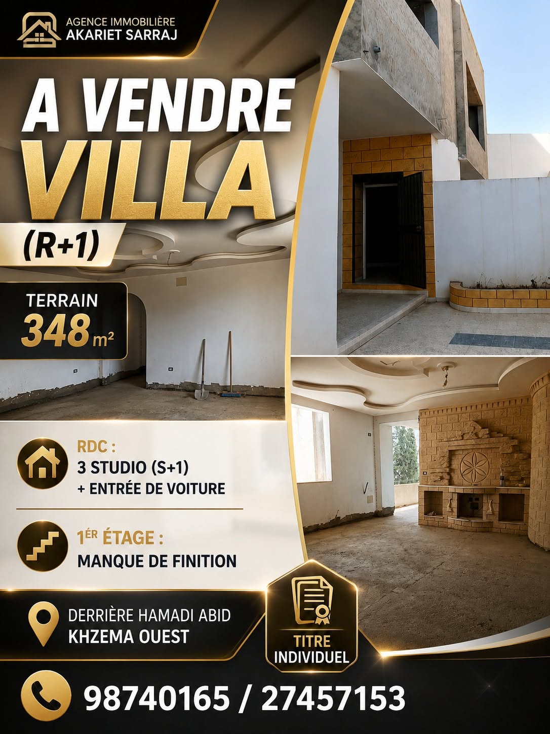 Sousse Jaouhara&nbsp;Khezama Ouest&nbsp;Vente&nbsp;Maisons&nbsp;Villa r1 derri�re hamadi abid � khzema ouest