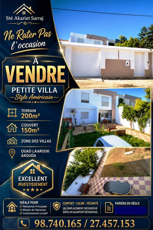 Akouda&nbsp;Akouda&nbsp;Vente&nbsp;Maisons&nbsp;Petite villa style am�ricain � ouad laarouk akouda