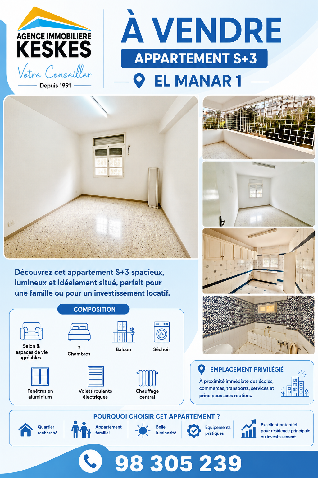 El Menzah&nbsp;El Manar 1&nbsp;Vente&nbsp;Appart. 5 pi�ces+&nbsp;Appartement el manar 1