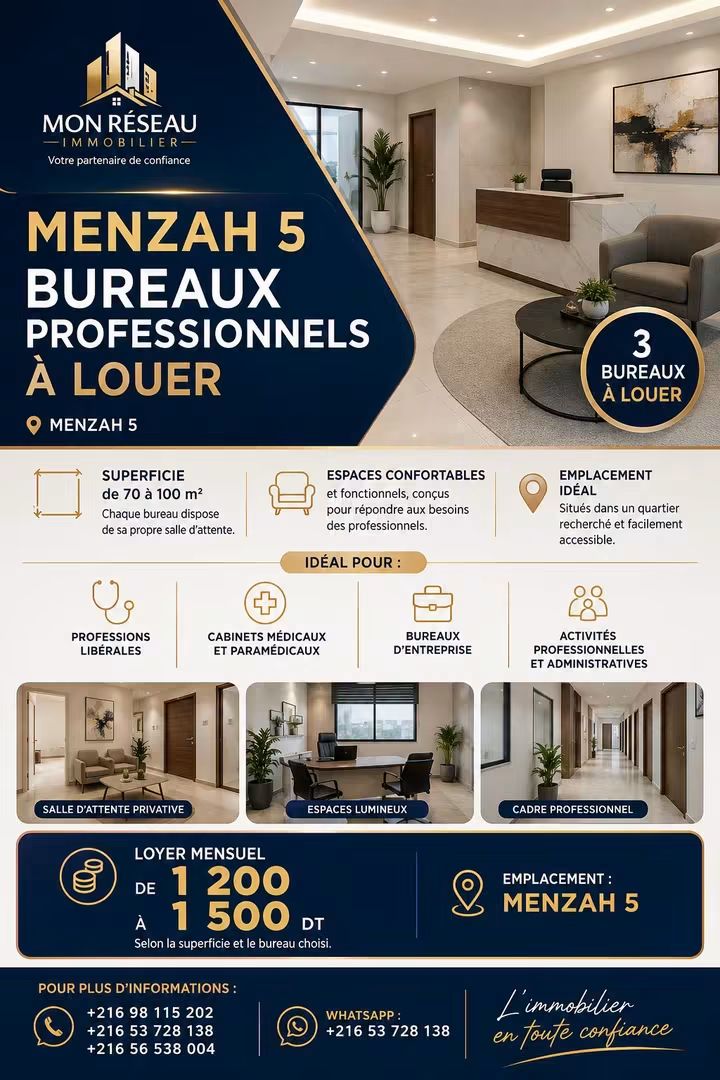 Ariana Ville&nbsp;El Menzah 5&nbsp;Bureaux & Commerces&nbsp;Bureau&nbsp;Bureau h11200 d a menzah 5
