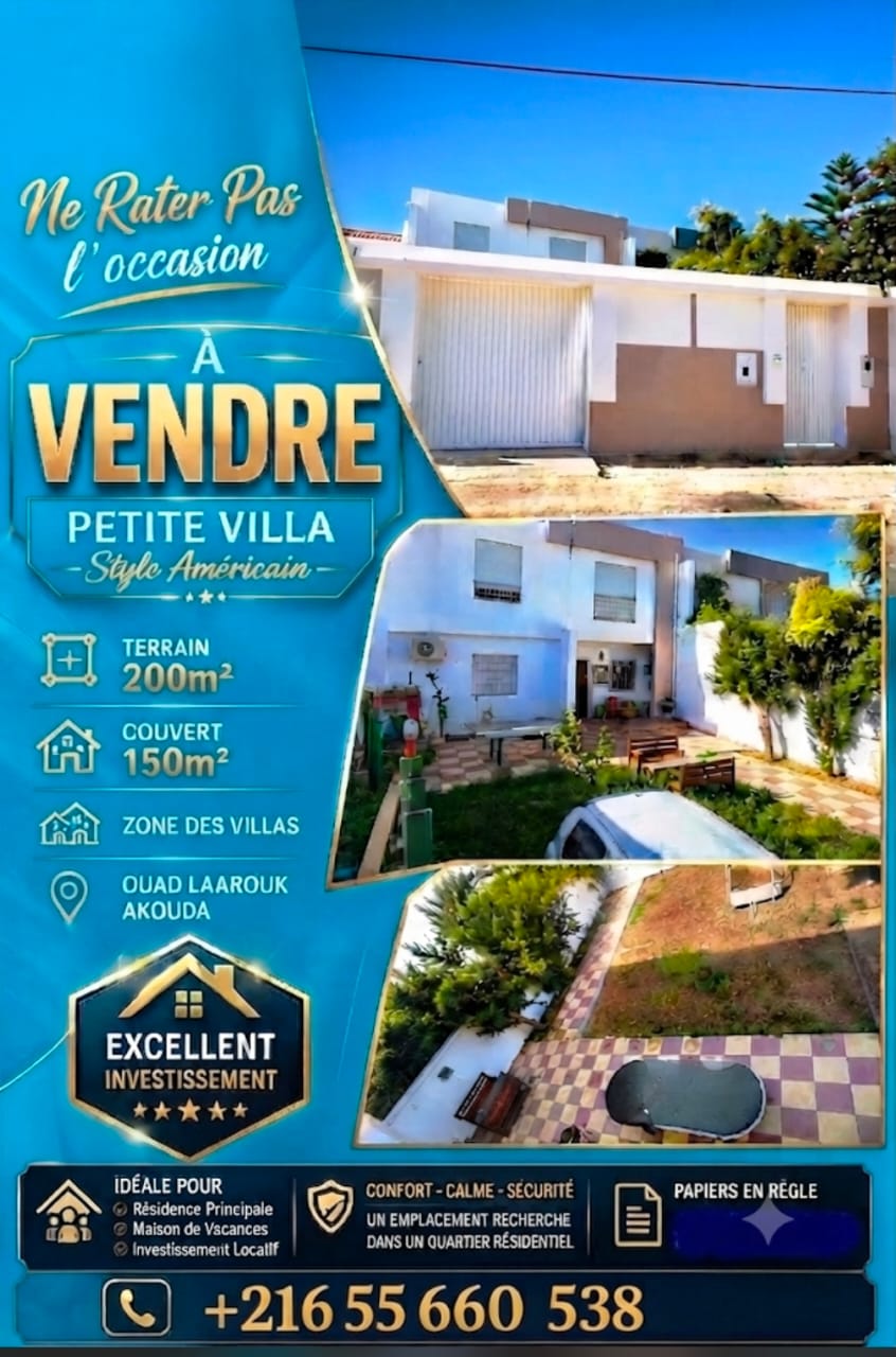 Akouda&nbsp;Akouda&nbsp;Vente&nbsp;Appart. 2 pi�ces&nbsp;Petite villa � wed laarouk akouda kantaoui