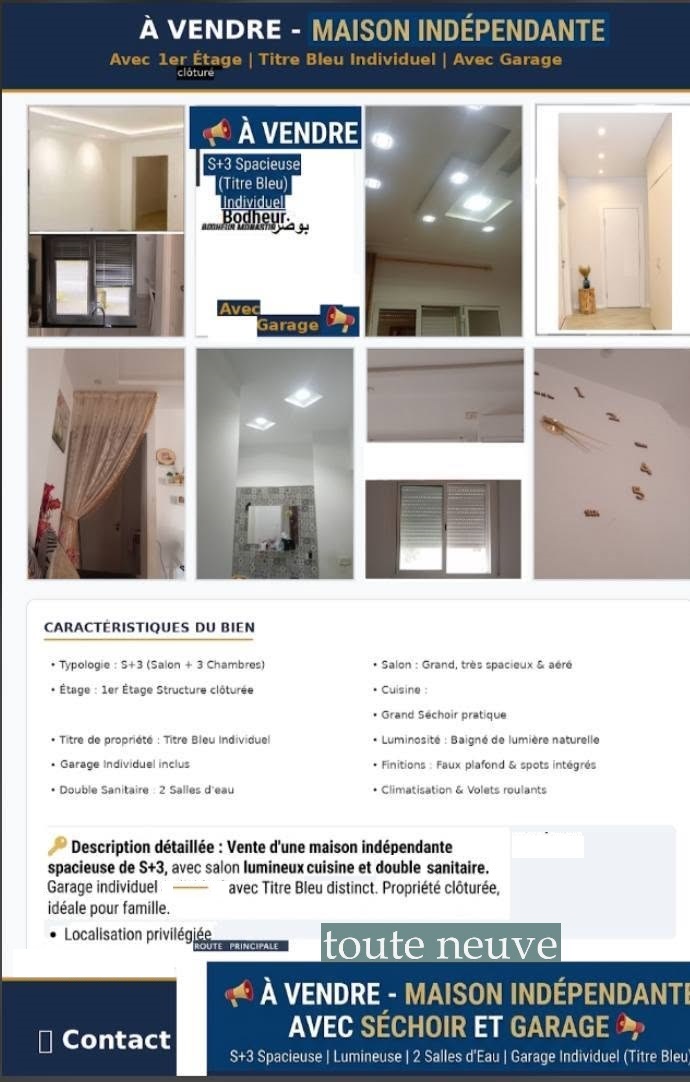 Ksibet El Mediouni&nbsp;Bou Dher&nbsp;Vente&nbsp;Maisons&nbsp;Maison s3 avec garage et premier �tage cl�tur�