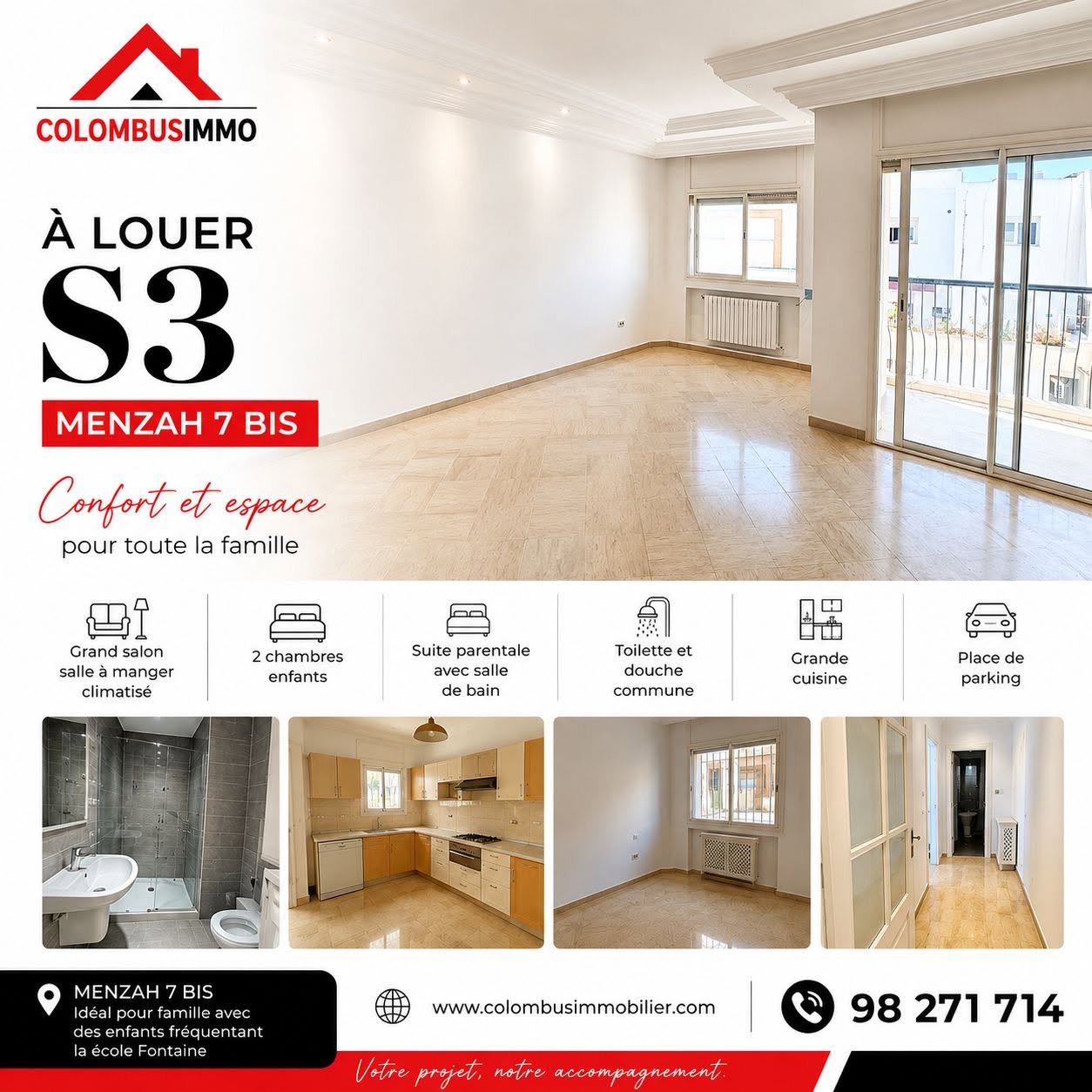 Ariana Ville&nbsp;El Menzah 7&nbsp;Location&nbsp;Appart. 4 pi�ces&nbsp;Appartement s3 � menzah 7bis