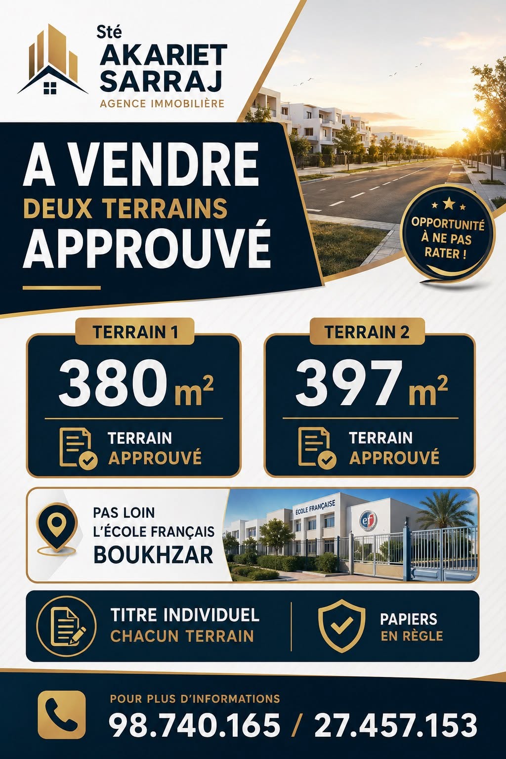 Sousse Ville&nbsp;Cite Boukhzar&nbsp;Terrain&nbsp;Terrain nu&nbsp;Lots 380 et 397 pas loin l'�cole fran�ais boukhzar