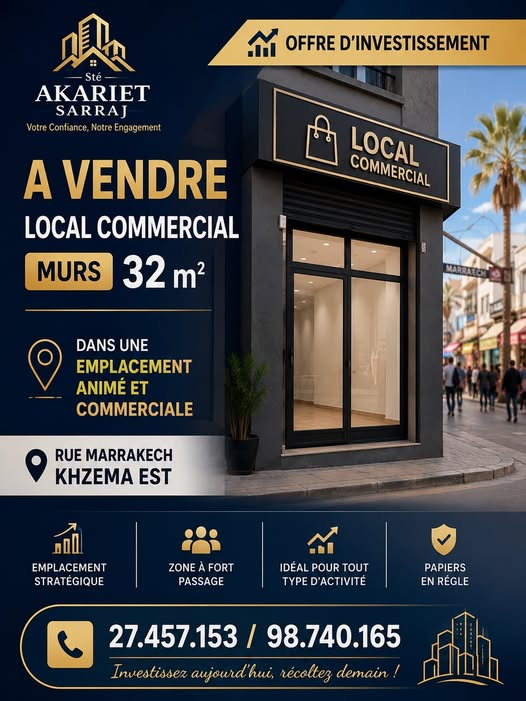 Sousse Jaouhara&nbsp;Sousse Khezama&nbsp;Bureaux & Commerces&nbsp;Surfaces&nbsp;Local commercial murs 32m rue marrakech khzema est