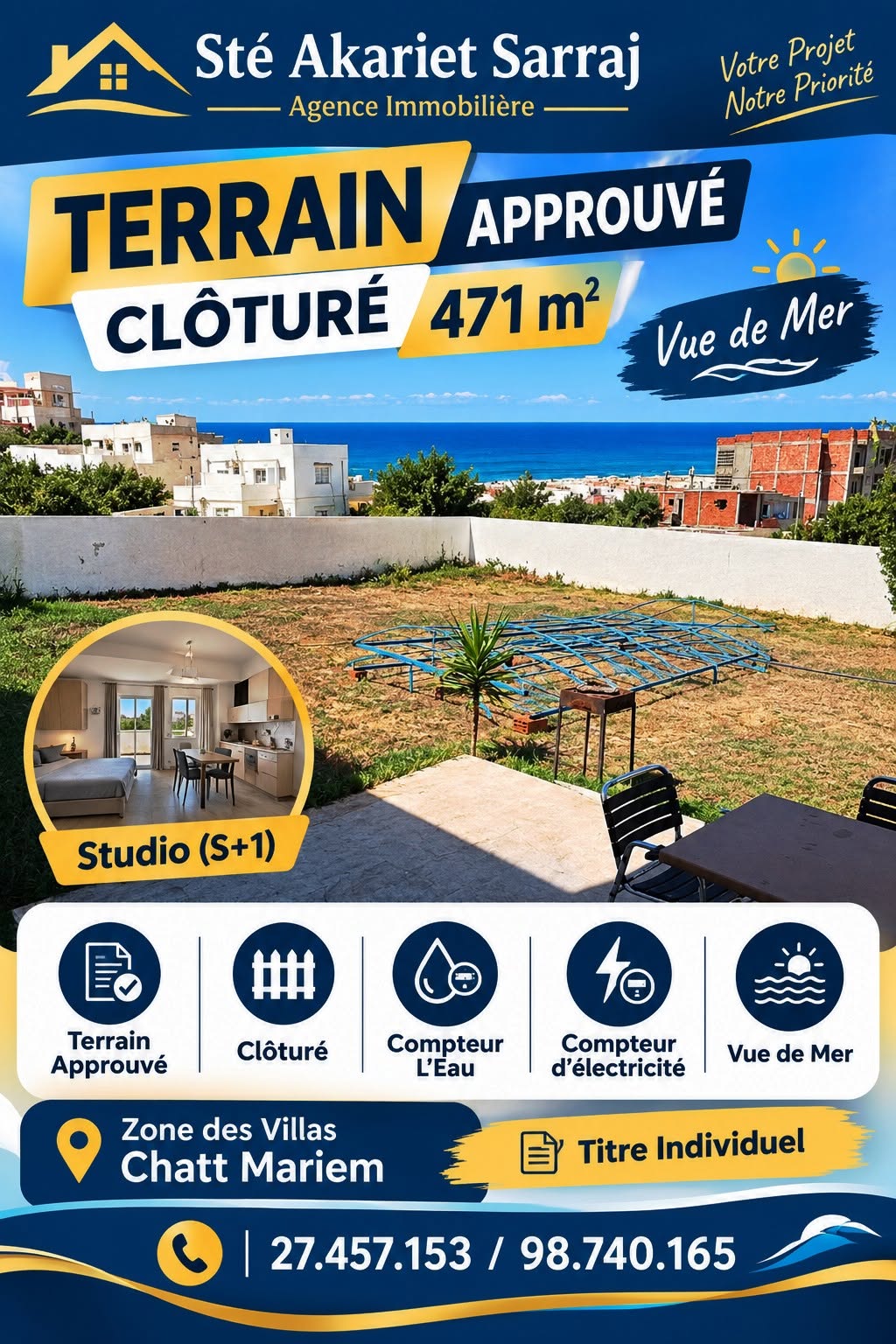 Akouda&nbsp;Chatt Meriem&nbsp;Terrain&nbsp;Terrain nu&nbsp;Terrain cl�tur� 471m avec studio s1 � chatt mariem