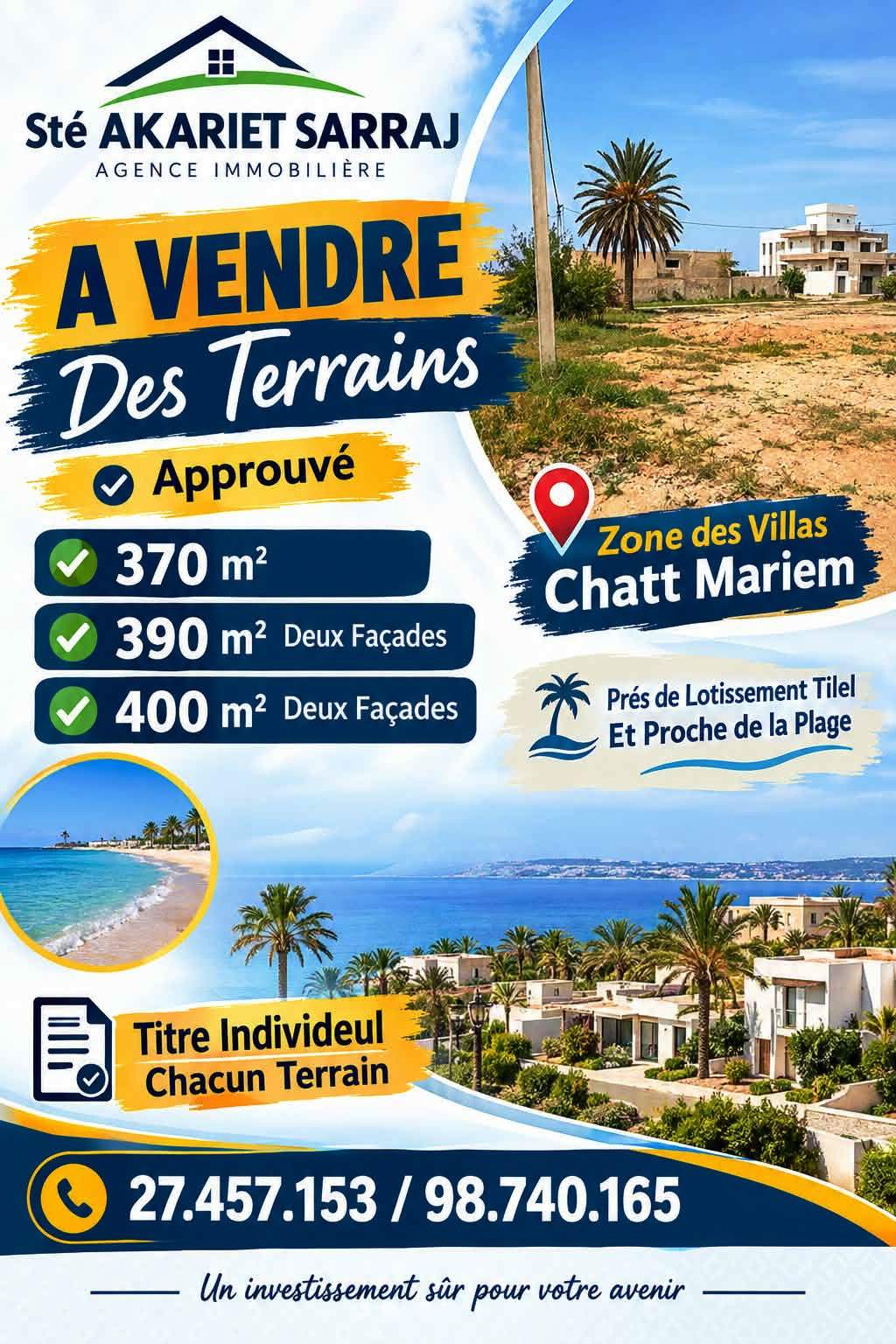 Akouda&nbsp;Chatt Meriem&nbsp;Terrain&nbsp;Terrain nu&nbsp;Lots approuv� 370m et 390m et 400m � chatt mariem