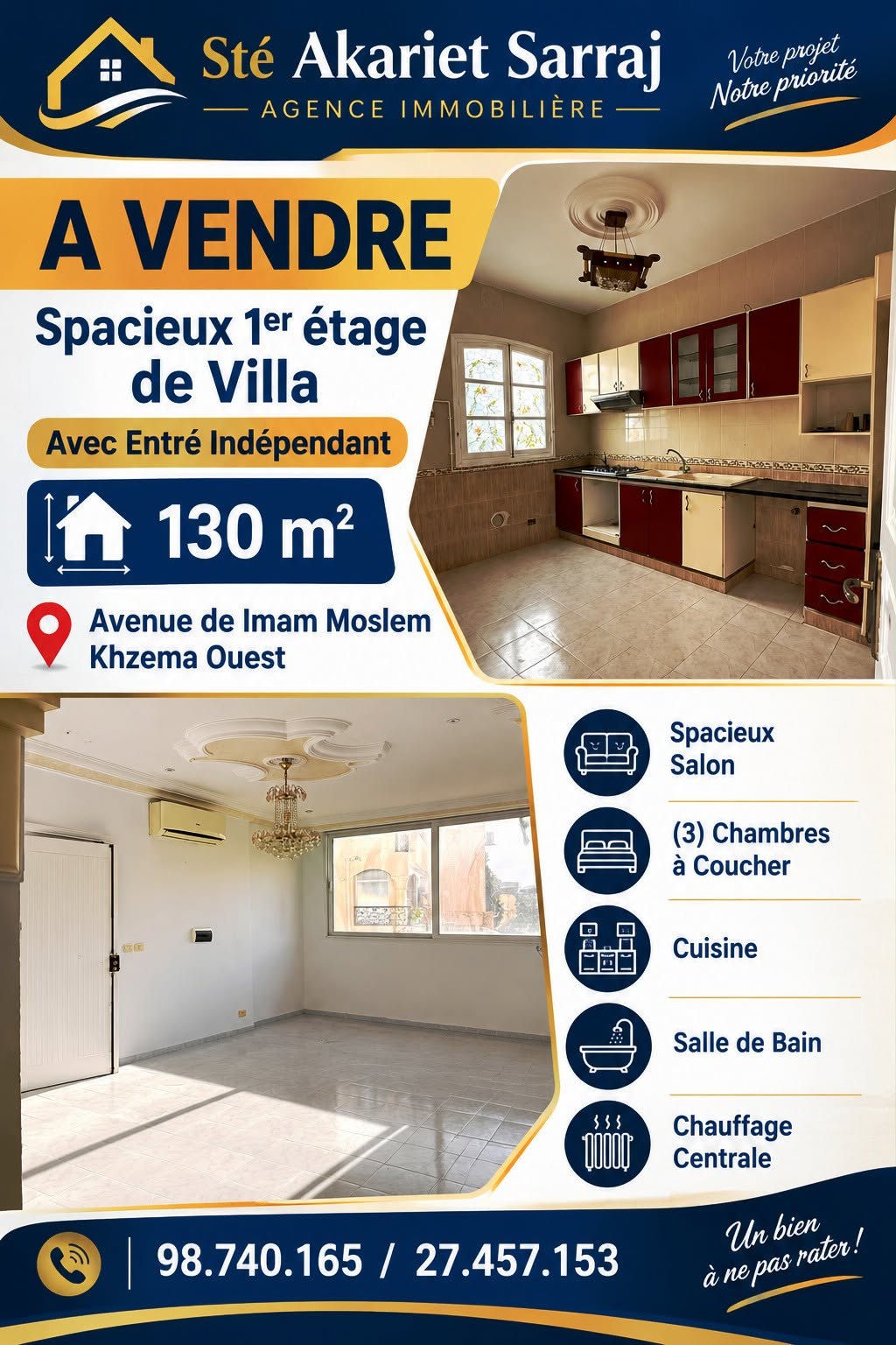 Sousse Jaouhara&nbsp;Khezama Ouest&nbsp;Vente&nbsp;Maisons&nbsp;1�r �tage de villa entr� ind�pandant khzema ouest