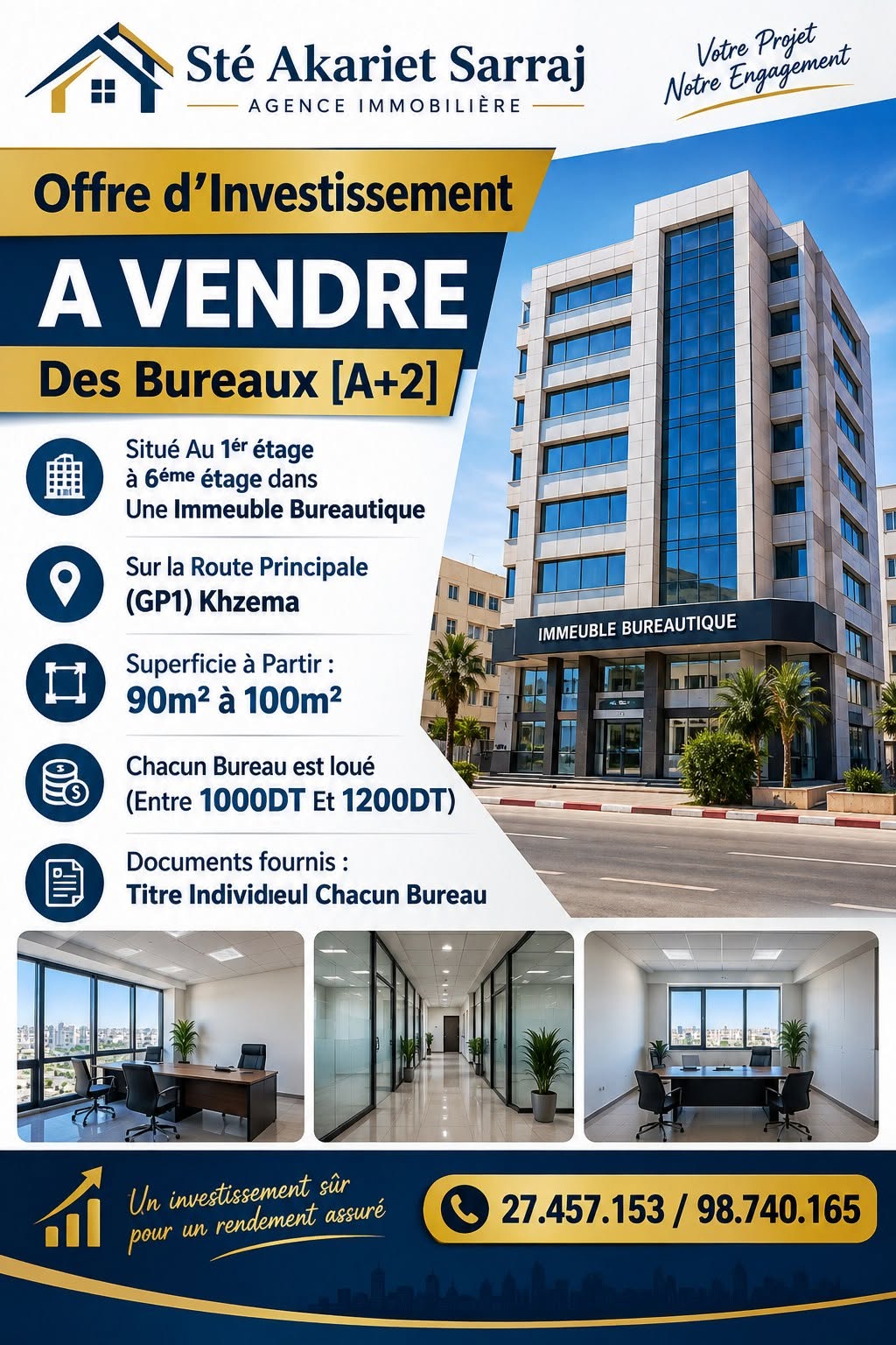 Sousse Jaouhara&nbsp;Sousse Khezama&nbsp;Bureaux & Commerces&nbsp;Bureau&nbsp;Des bureaux a2  sur la route principale gp1 khzema