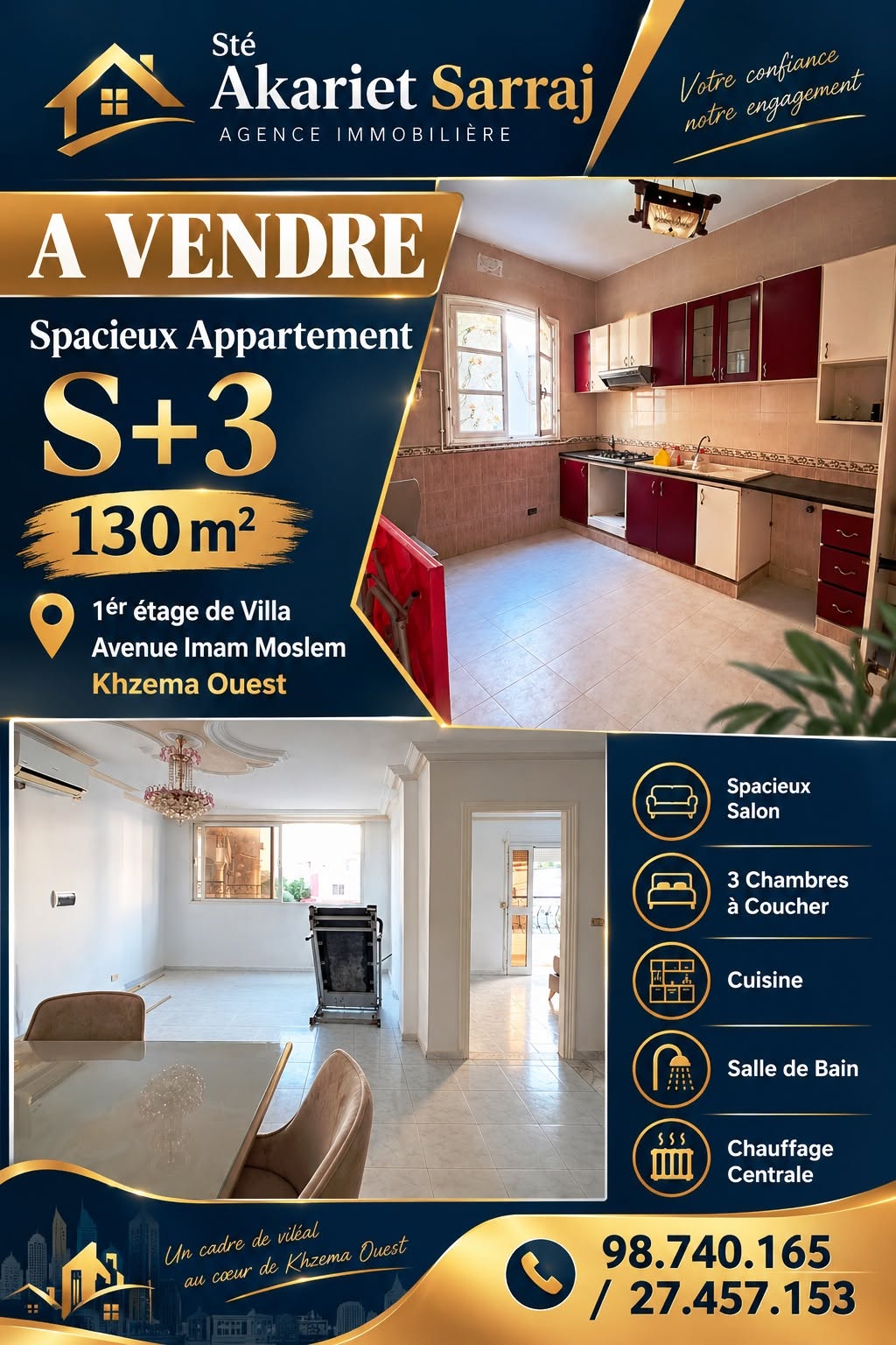 Sousse Jaouhara&nbsp;Khezama Ouest&nbsp;Vente&nbsp;Appart. 4 pi�ces&nbsp;Appartement s3 avenue de imam moslem khzema ouest