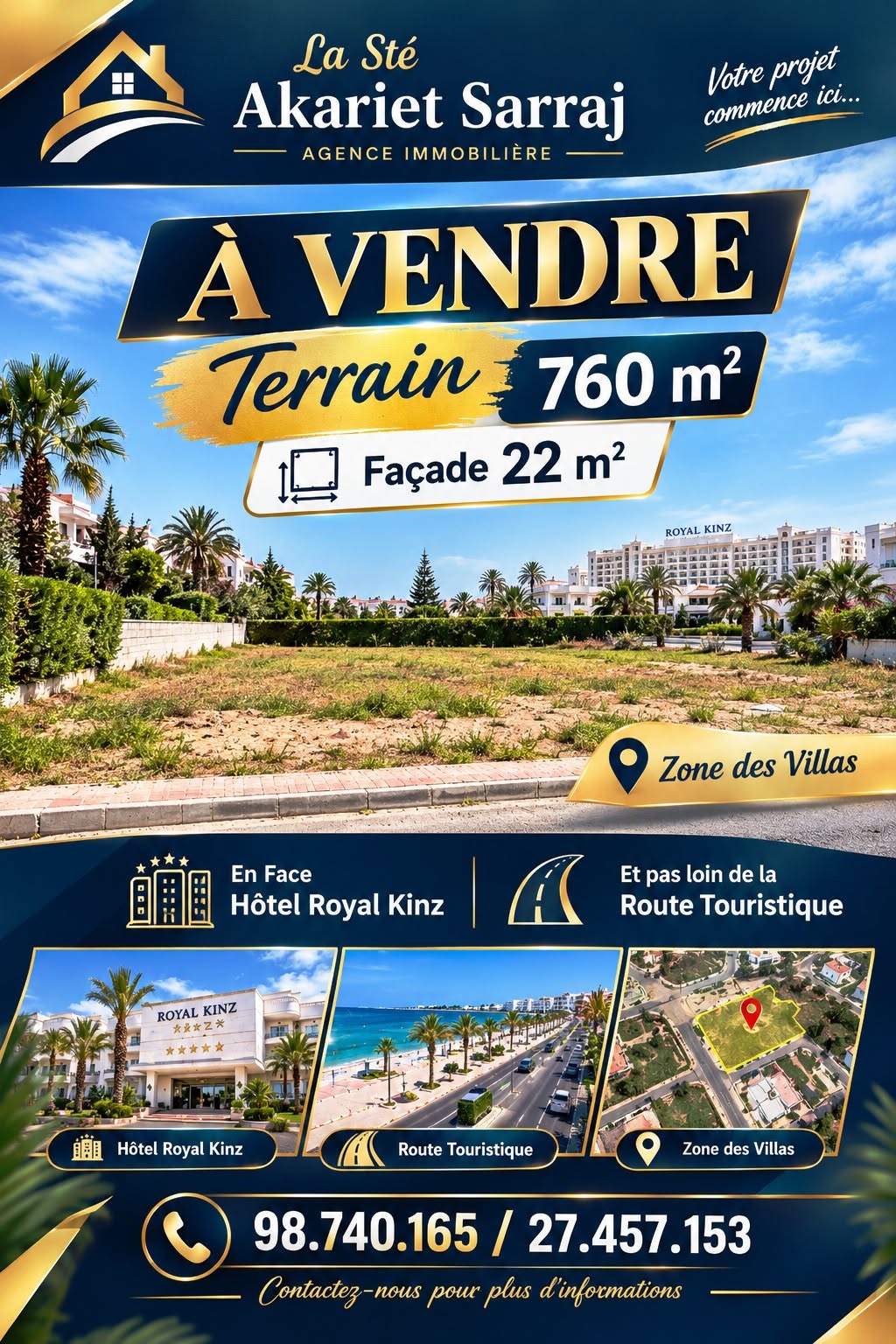 Akouda&nbsp;Chatt Meriem&nbsp;Terrain&nbsp;Terrain nu&nbsp;Terrain titr� 760m en face h�tel royal kinz