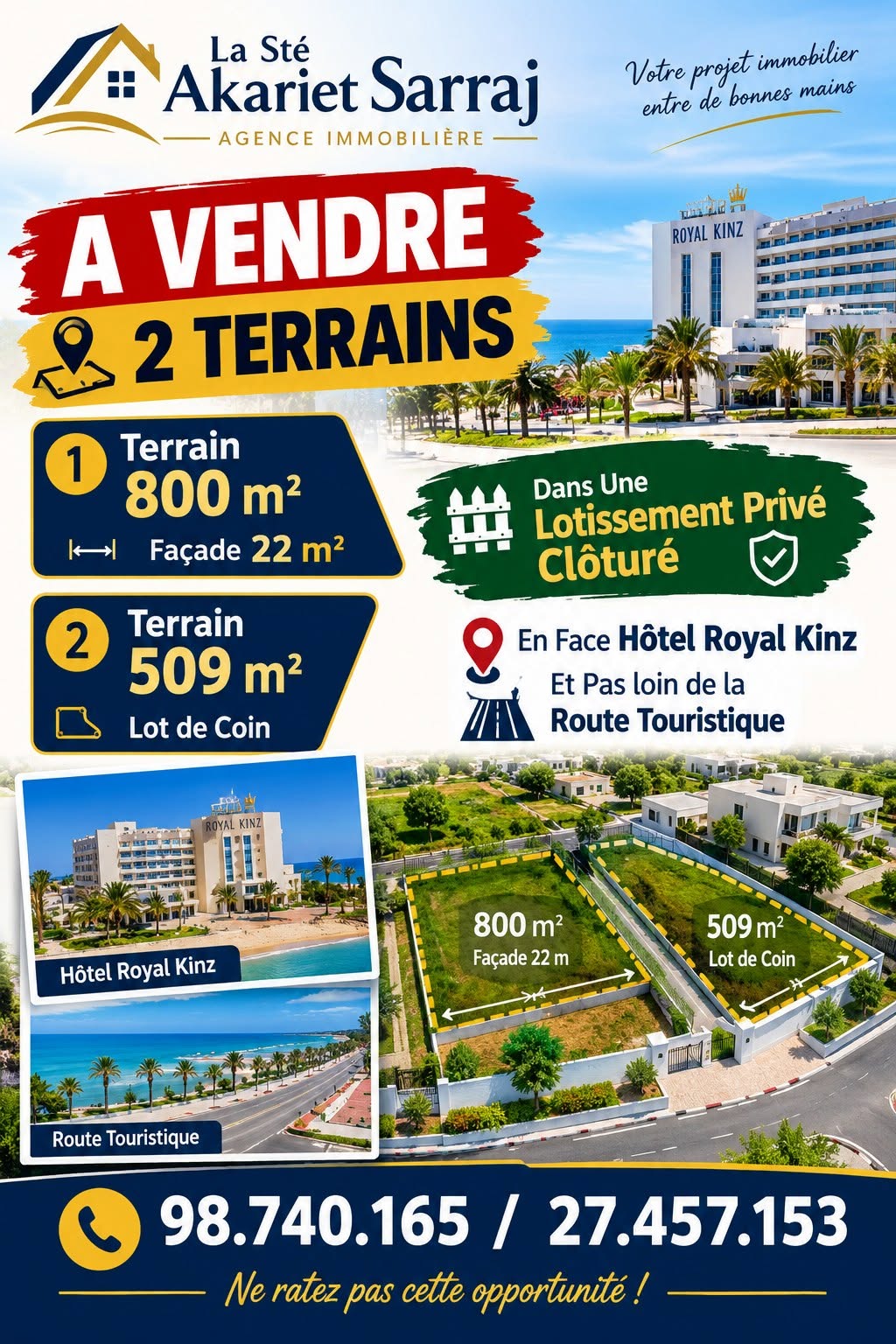 Akouda&nbsp;Chatt Meriem&nbsp;Terrain&nbsp;Terrain nu&nbsp;Terrains 800m et 509m en face h�tel royal kinz