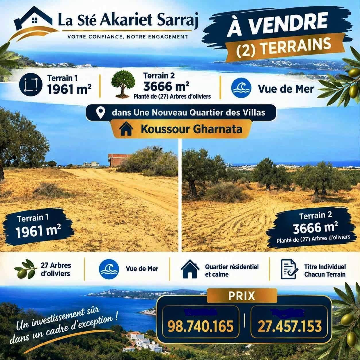 Akouda&nbsp;Chatt Meriem&nbsp;Terrain&nbsp;Terrain agricole&nbsp;Deux terrains 1961m et 3666m � koussour gharnata
