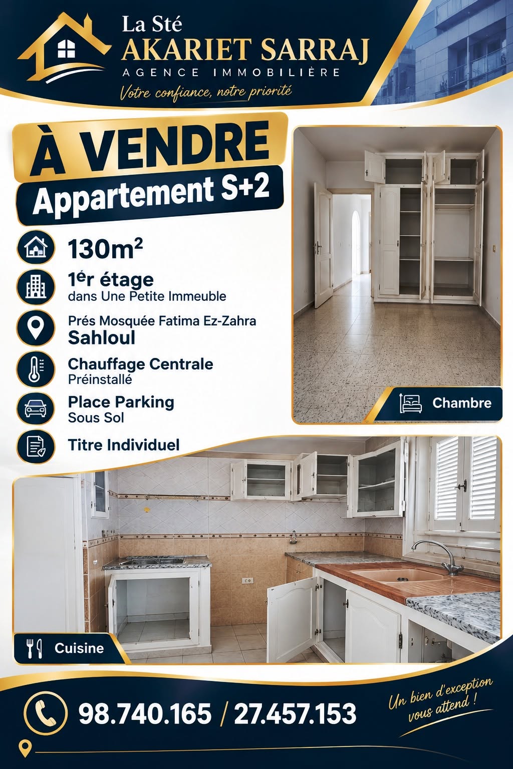 Sousse Jaouhara&nbsp;Sahloul&nbsp;Vente&nbsp;Appart. 3 pi�ces&nbsp;Appartement s2 pr�s mosqu�e fatima ezzahra sahloul
