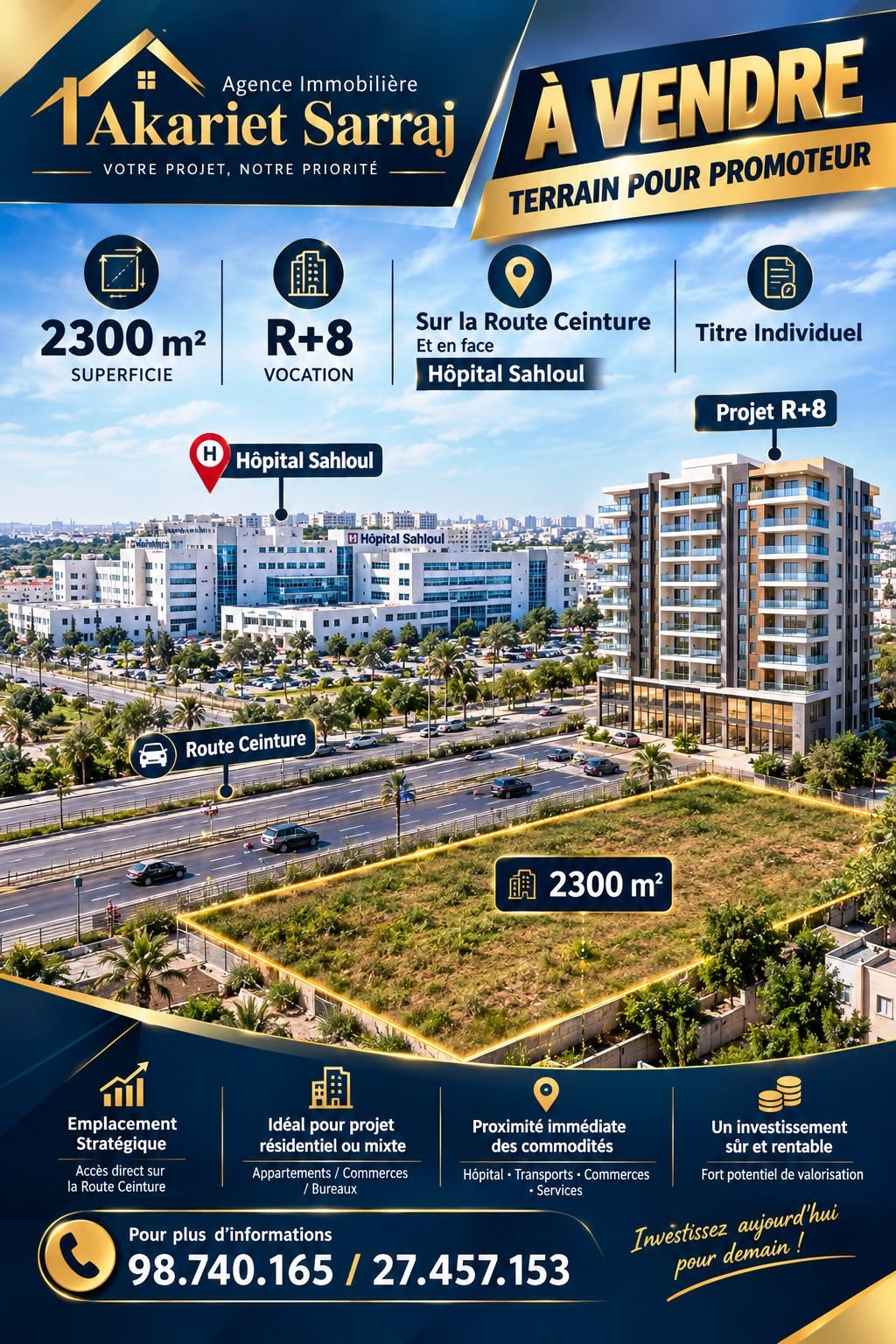 Sousse Jaouhara&nbsp;Sahloul&nbsp;Terrain&nbsp;Terrain nu&nbsp;Id�al pour vos projet 2300m sur la route ceinture