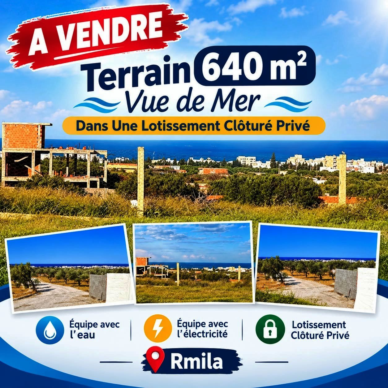 Akouda&nbsp;Chatt Meriem&nbsp;Terrain&nbsp;Terrain nu&nbsp;Reste un seul terrain vue de mer 640m � rmila