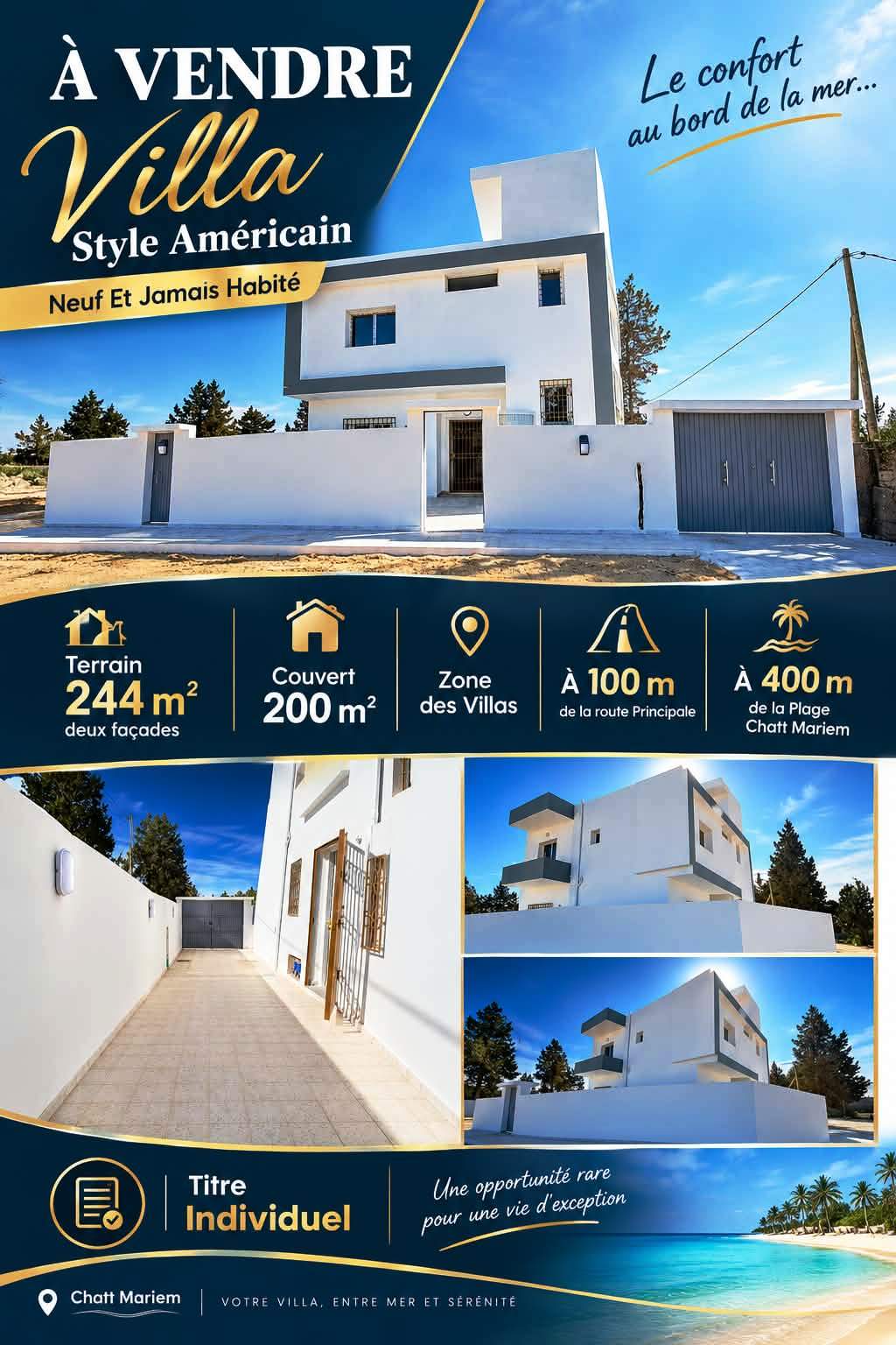 Akouda&nbsp;Chatt Meriem&nbsp;Vente&nbsp;Maisons&nbsp;Villa style am�ricain � 400m de plage chatt mariem
