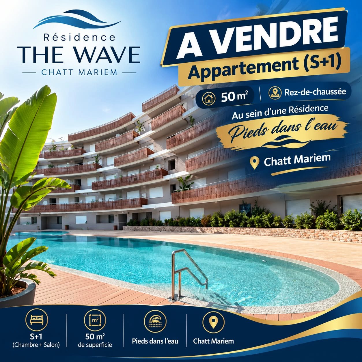 Akouda&nbsp;Chatt Meriem&nbsp;Vente&nbsp;Appart. 2 pi�ces&nbsp;Appartement s1 r�sidence the wave chatt mariem