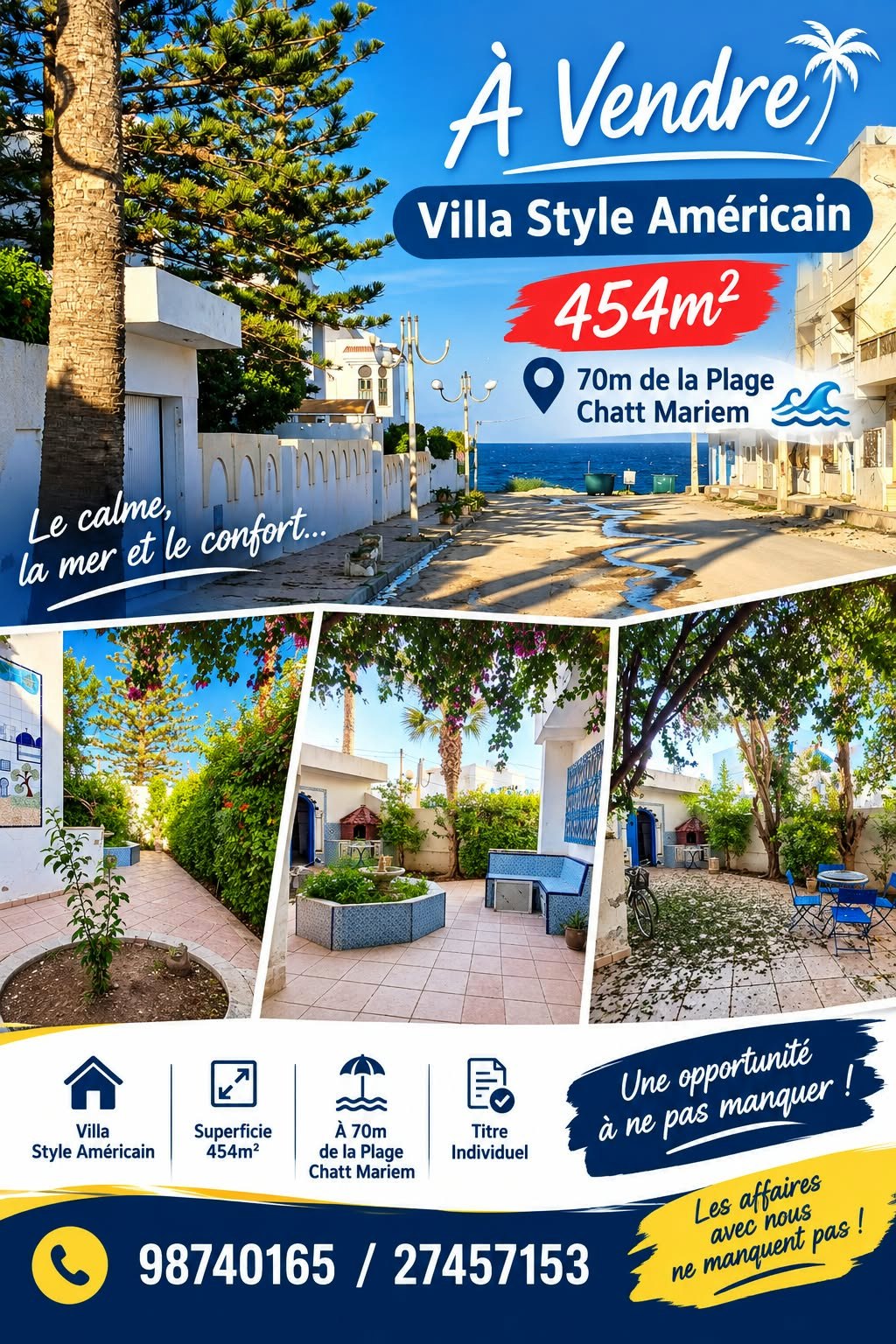 Akouda&nbsp;Chatt Meriem&nbsp;Vente&nbsp;Maisons&nbsp;Villa style am�ricain � 70m de plage chatt mariem