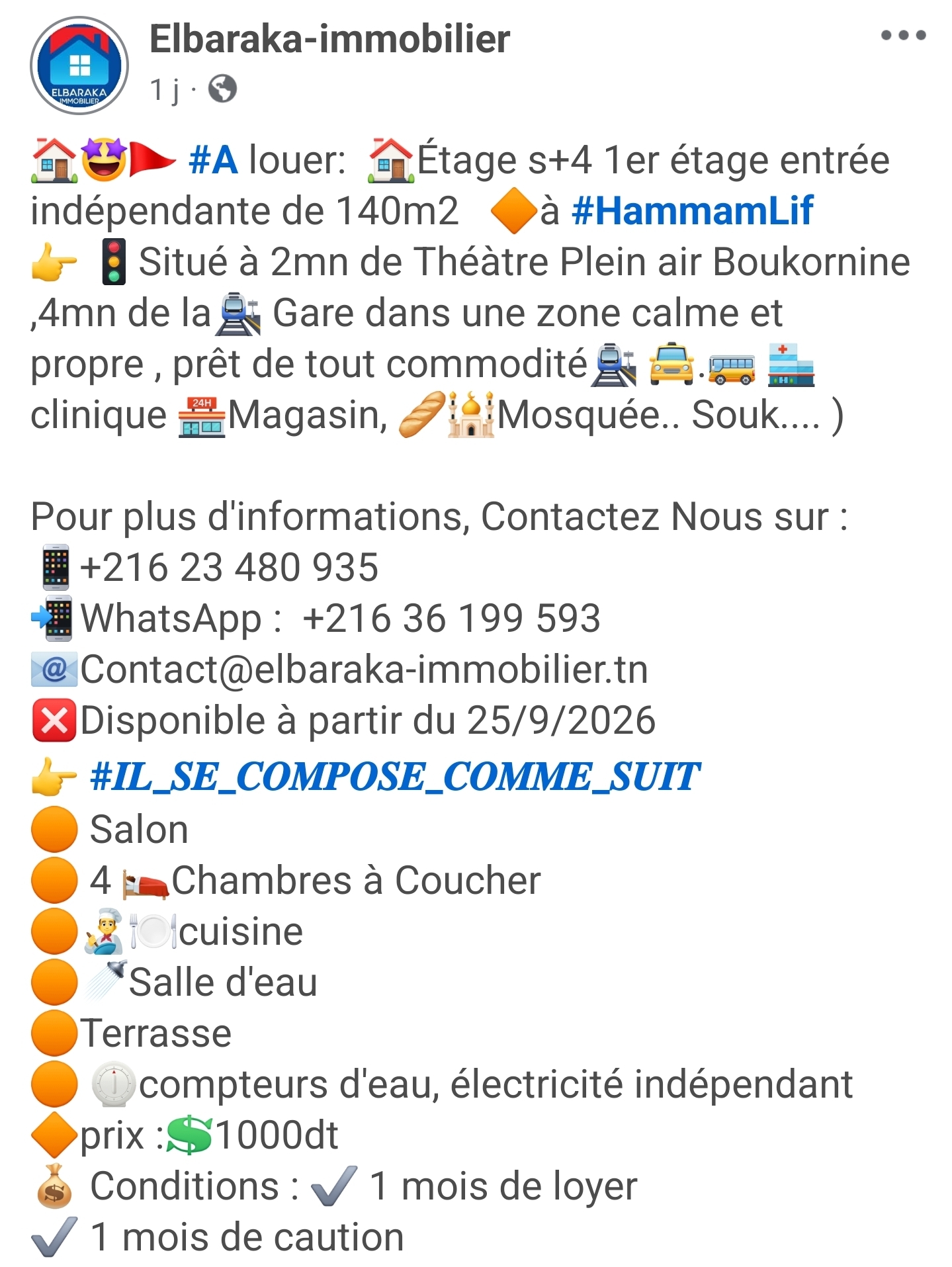 Hammam Chatt&nbsp;Hammam Chatt&nbsp;Location&nbsp;Appart. 5 pi�ces+&nbsp;Etage s4 entr�e ind�pendante