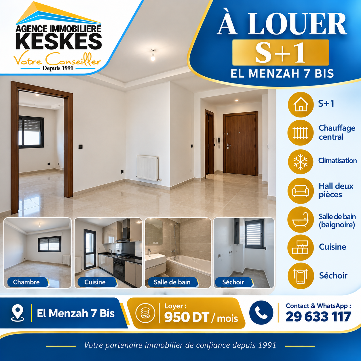 Ariana Ville&nbsp;El Menzah 7&nbsp;Location&nbsp;Appart. 2 pi�ces&nbsp;Appartement s1 el menzah  7