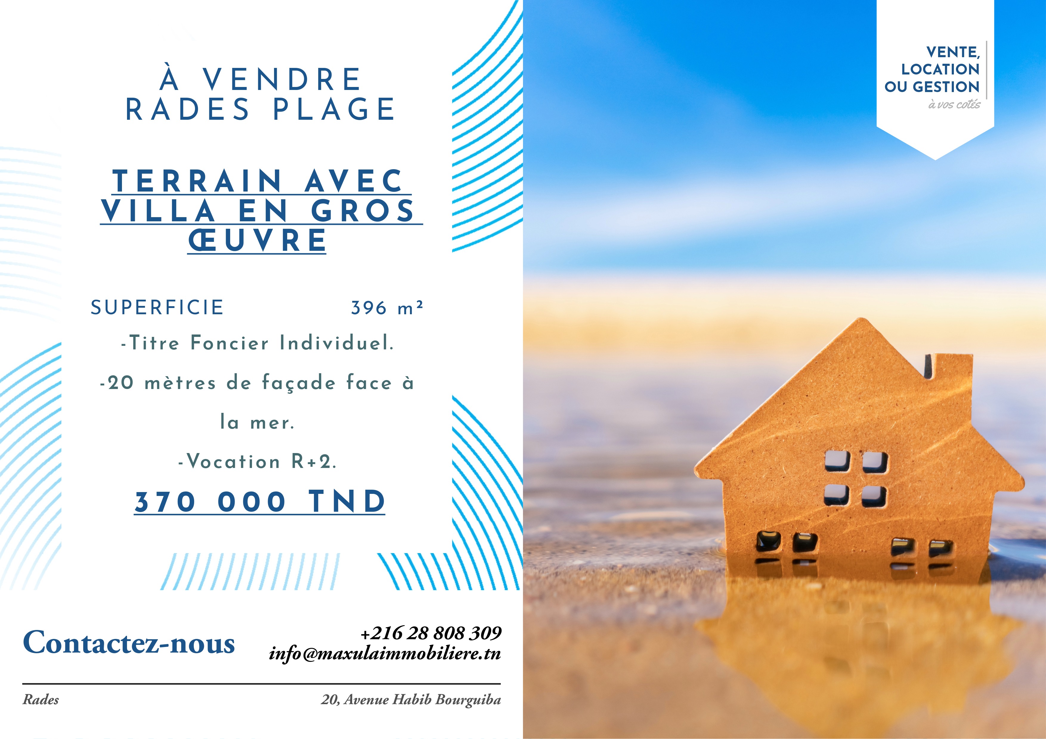 Rades&nbsp;Rades Plage&nbsp;Vente&nbsp;Maisons&nbsp;Terrain de 396m a rades plage