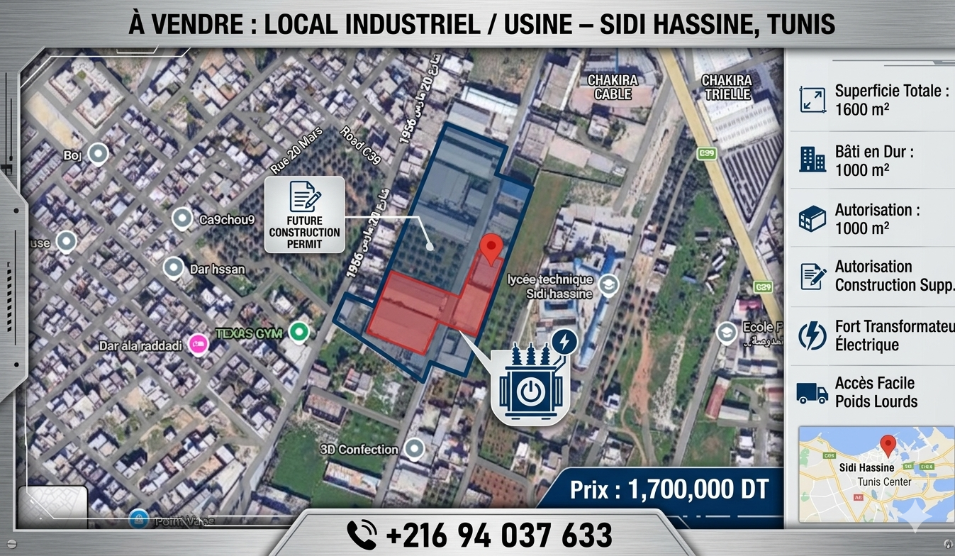 Sidi Hassine&nbsp;Sidi Hassine&nbsp;Vente&nbsp;Autre&nbsp;Local industriel usine � sidi hassine tunis
