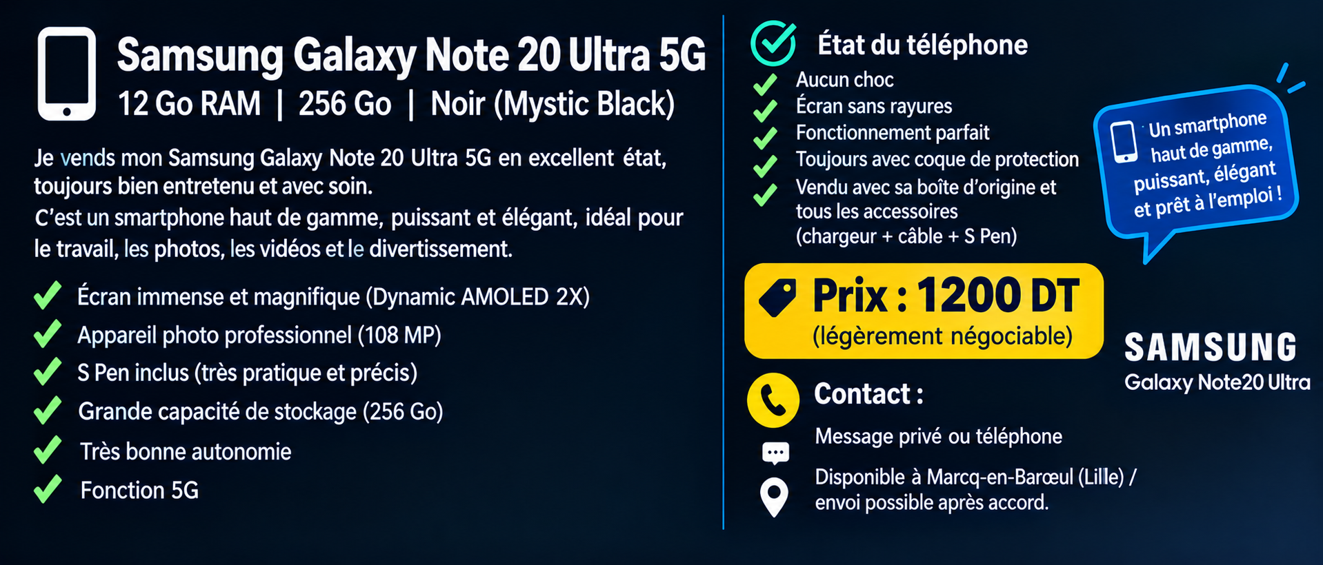 El Mourouj&nbsp;Cite El Mourouj 3 Bis&nbsp;Samsung &nbsp;Autre Mod�le&nbsp;Samsung galaxy note 20 ultra 5g   256 go 12 go ram