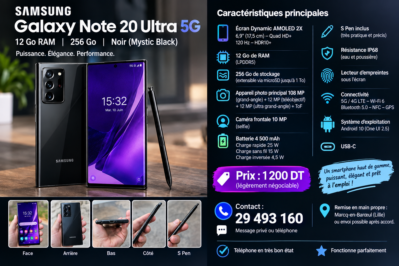 El Mourouj&nbsp;Cite El Mourouj 3 Bis&nbsp;Samsung &nbsp;Autre Mod�le&nbsp;Samsung galaxy note 20 ultra 5g   256 go 12 go ram