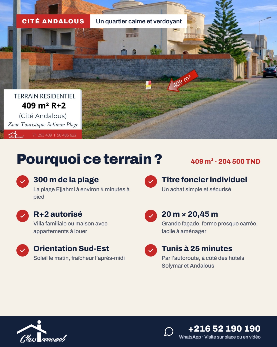 Hammam Chatt&nbsp;Borj Cedria&nbsp;Terrain&nbsp;Terrain nu&nbsp;Terrain de 409 m2 � 485 tnd le m2