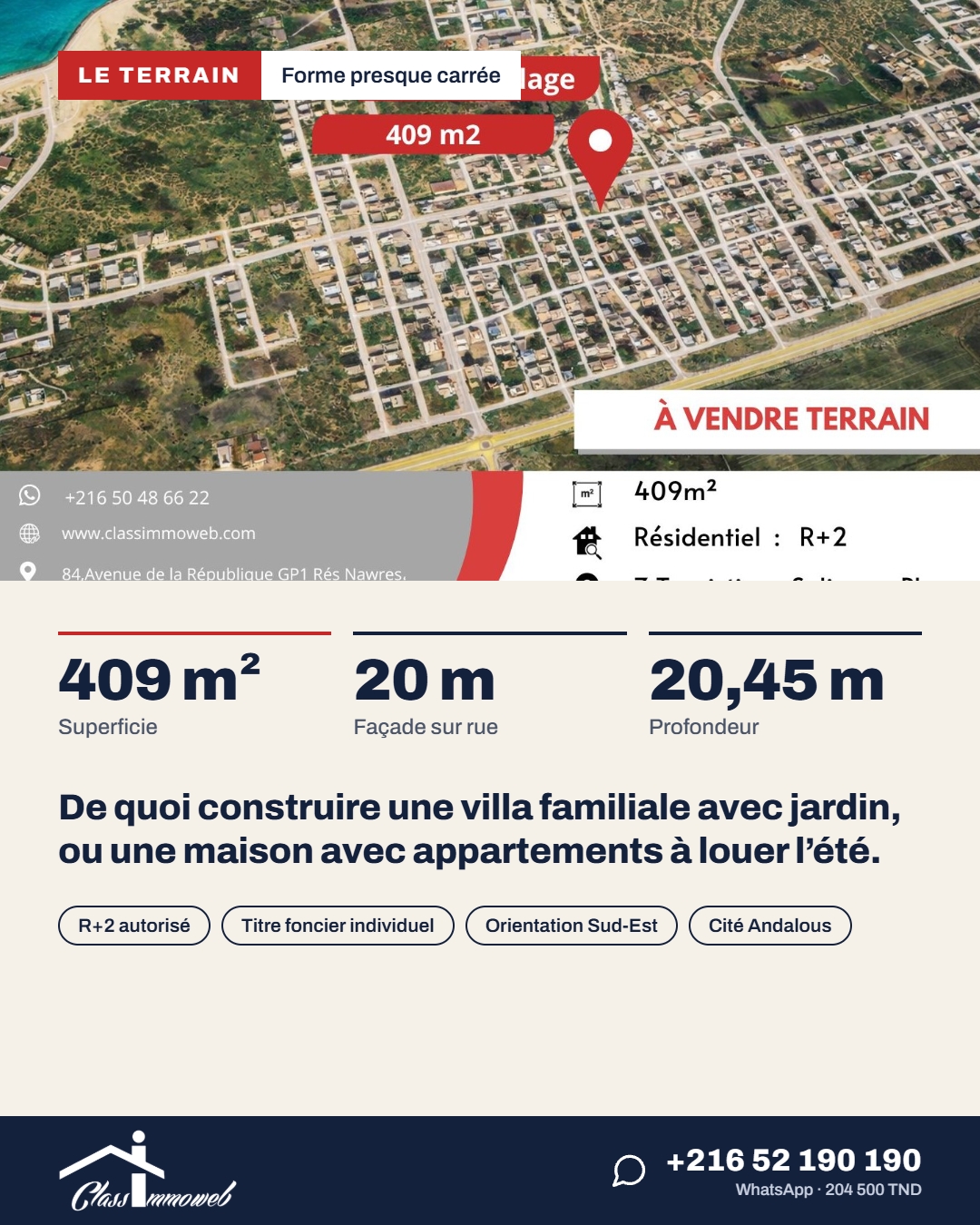 Hammam Chatt&nbsp;Borj Cedria&nbsp;Terrain&nbsp;Terrain nu&nbsp;Terrain de 409 m2 � 485 tnd le m2