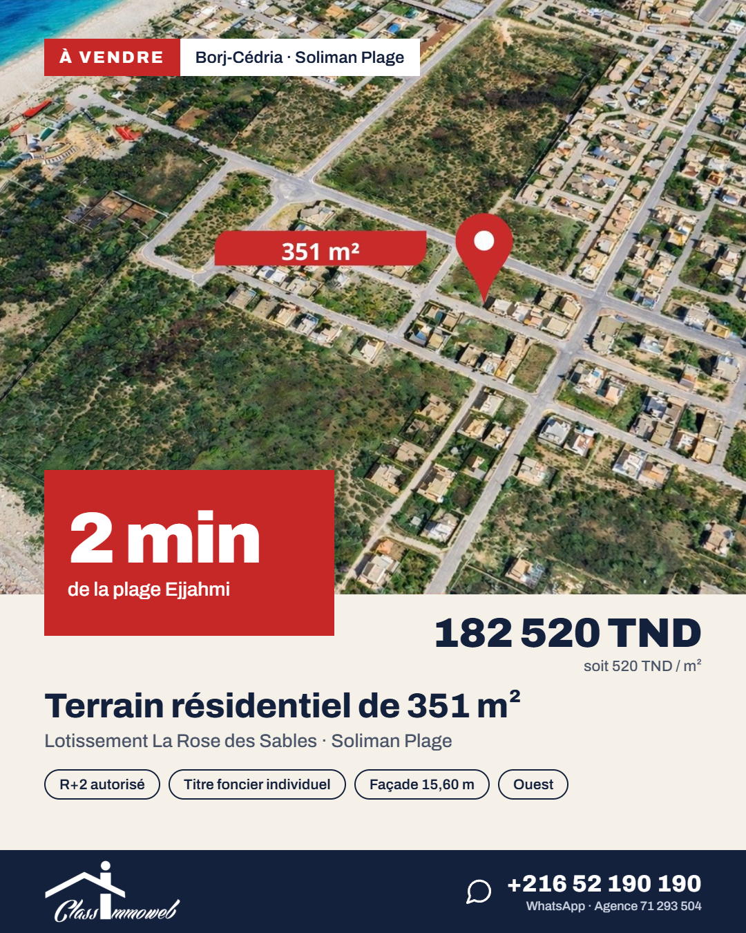 Hammam Chatt&nbsp;Borj Cedria&nbsp;Terrain&nbsp;Terrain nu&nbsp;Terrain de 351 m2 � 540tnd le m2