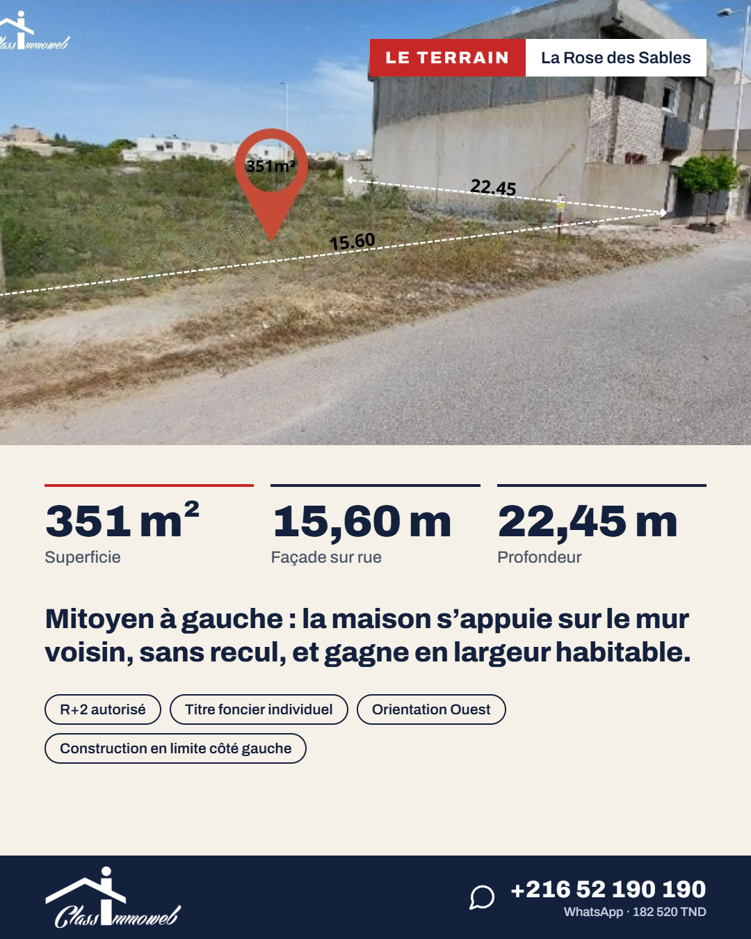 Hammam Chatt&nbsp;Borj Cedria&nbsp;Terrain&nbsp;Terrain nu&nbsp;Terrain de 351 m2 � 540tnd le m2