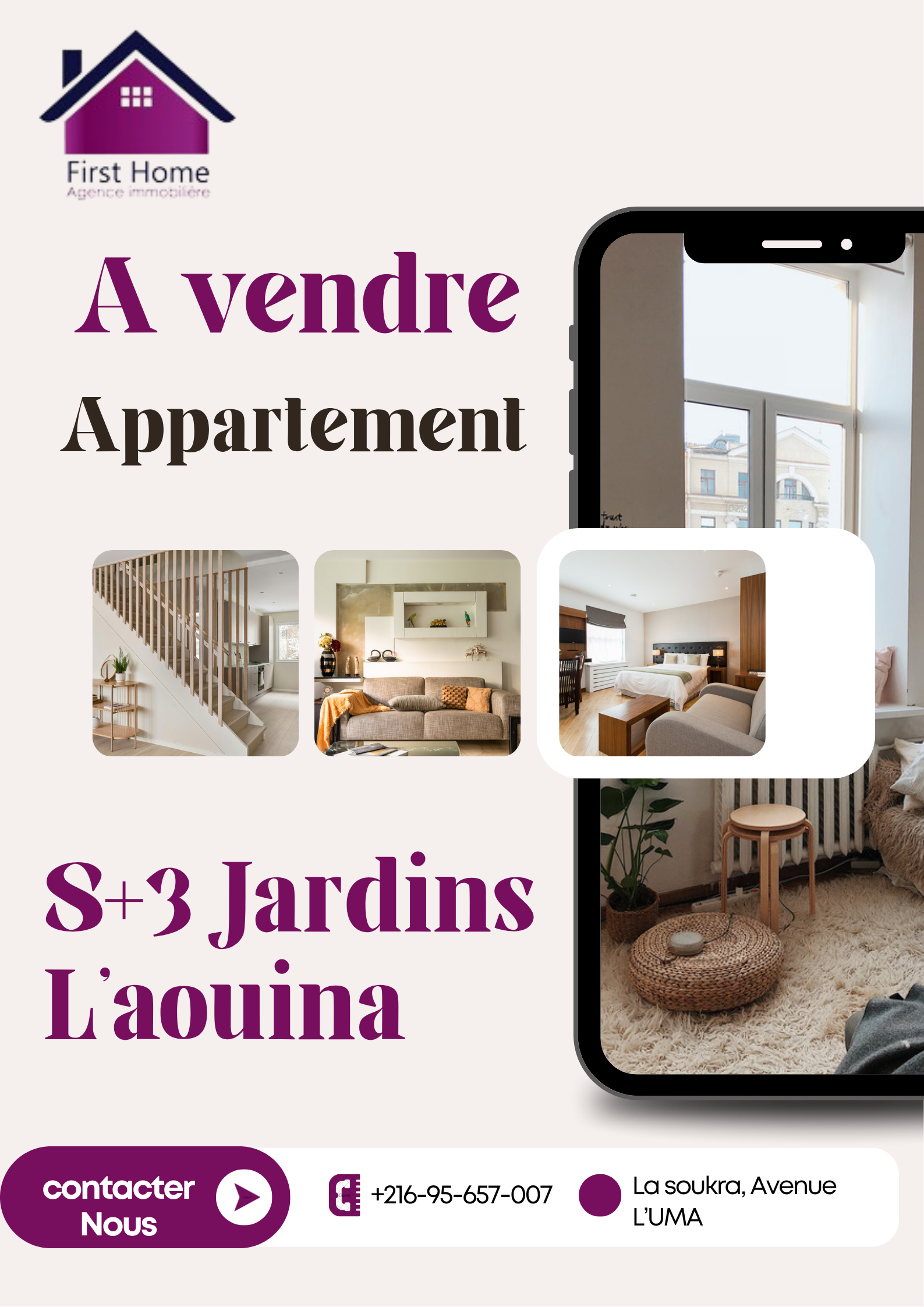 Ariana Ville&nbsp;Ariana&nbsp;Vente&nbsp;Appart. 5 pi�ces+&nbsp;Appartement s3 jardins l'aouina
